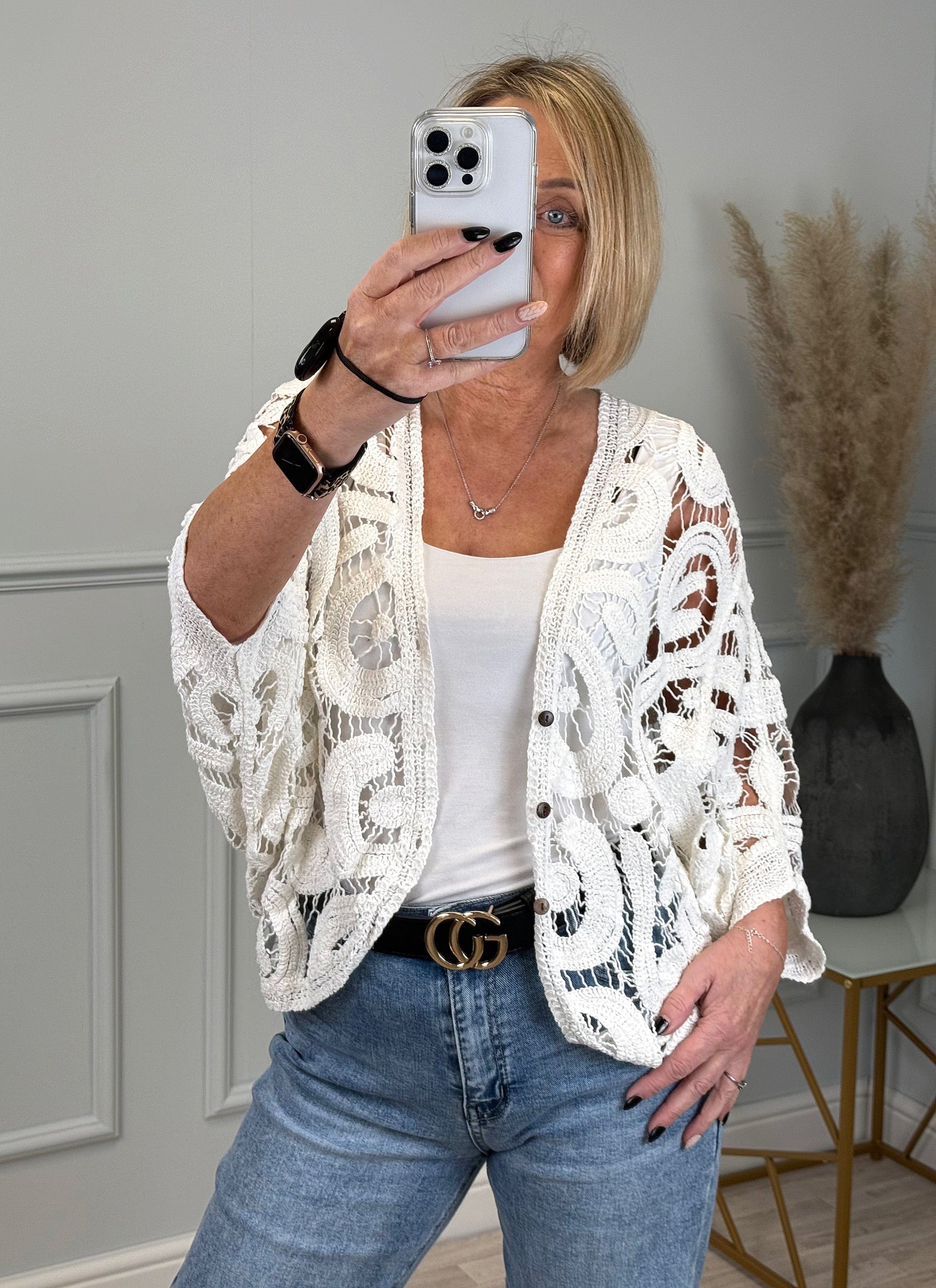 Freya Crochet Lace Cardigan - Lightweight Boho Knit White - Susie's Boutique
