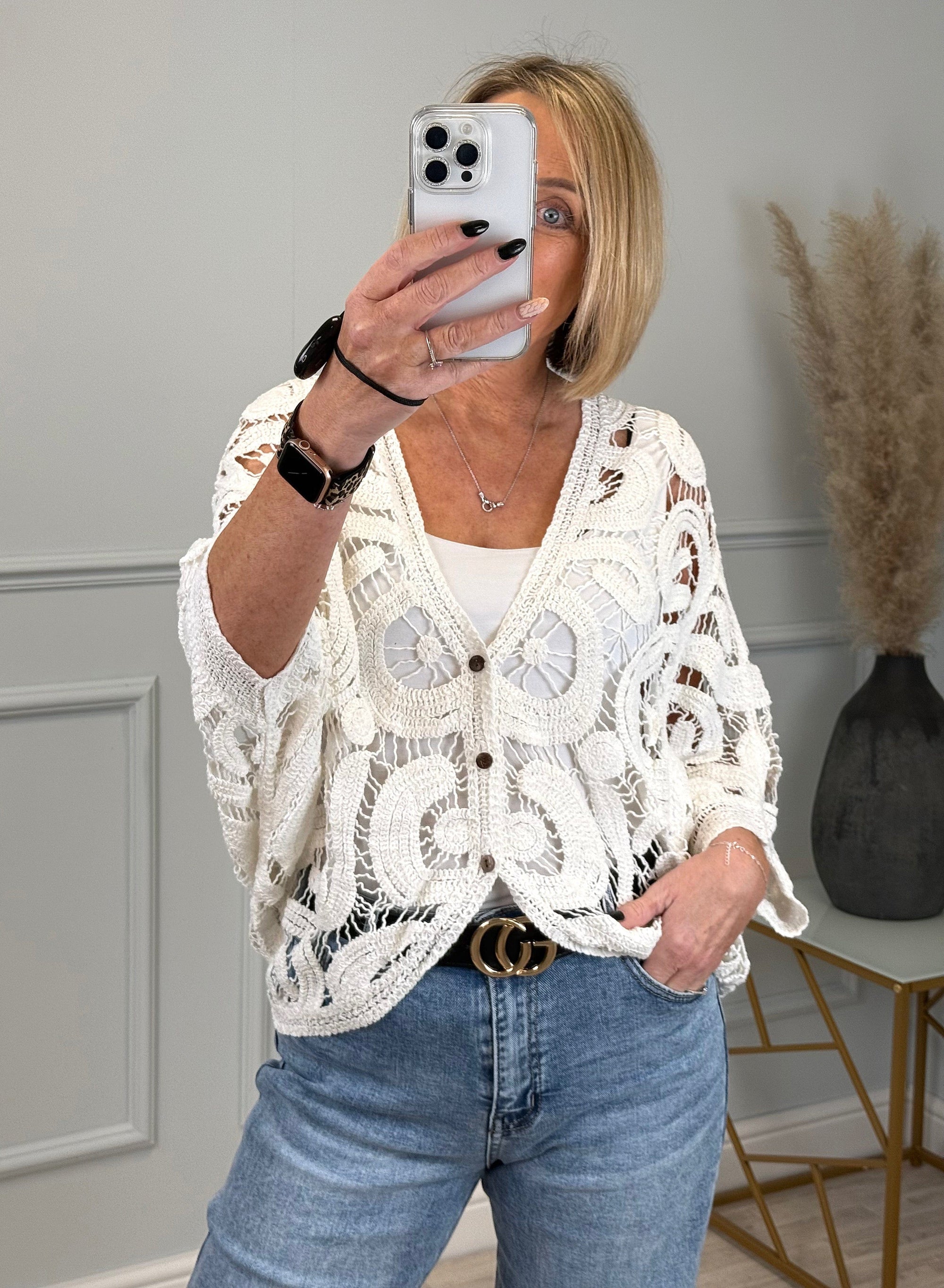 Freya Crochet Lace Cardigan - Lightweight Boho Knit White - Susie's Boutique