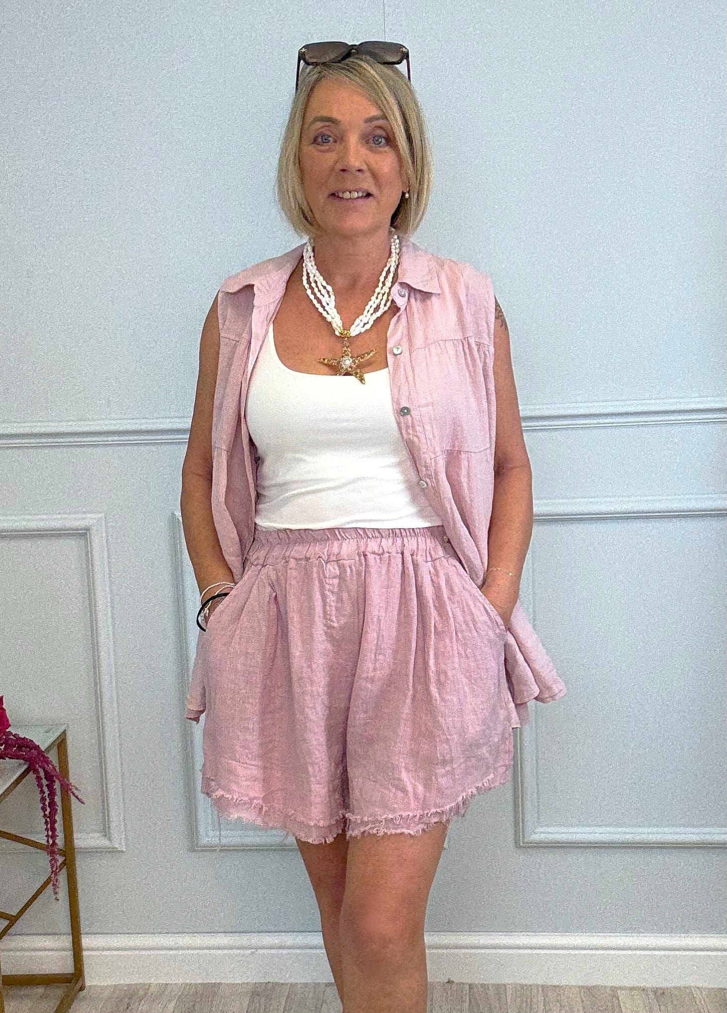 Marnie Frayed Hem Linen Shorts with Pockets 10–18 Pink