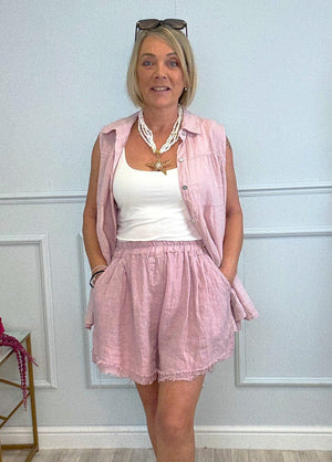 Marnie Frayed Hem Linen Shorts with Pockets 10–18 Pink