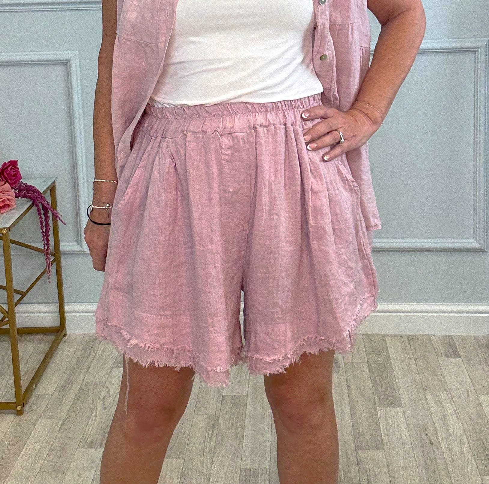 Marnie Frayed Hem Linen Shorts with Pockets 10–18 Pink