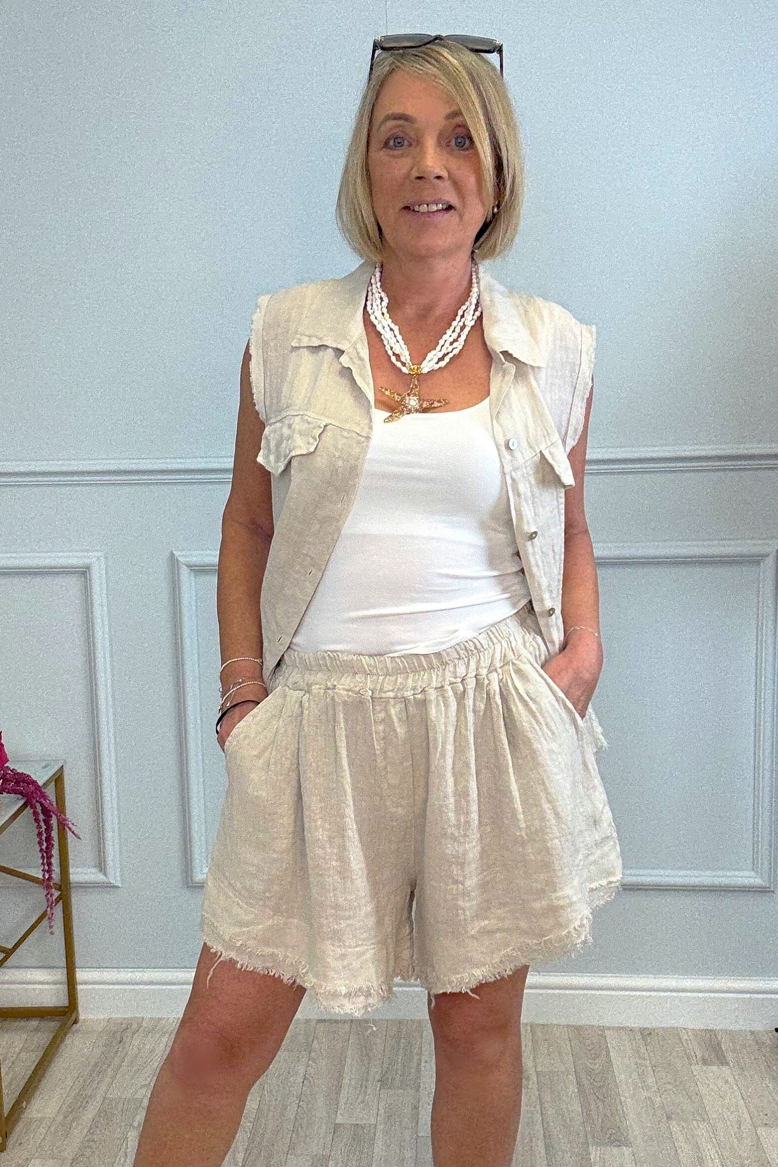 Marnie Frayed Hem Linen Shorts with Pockets 10–18 Sand