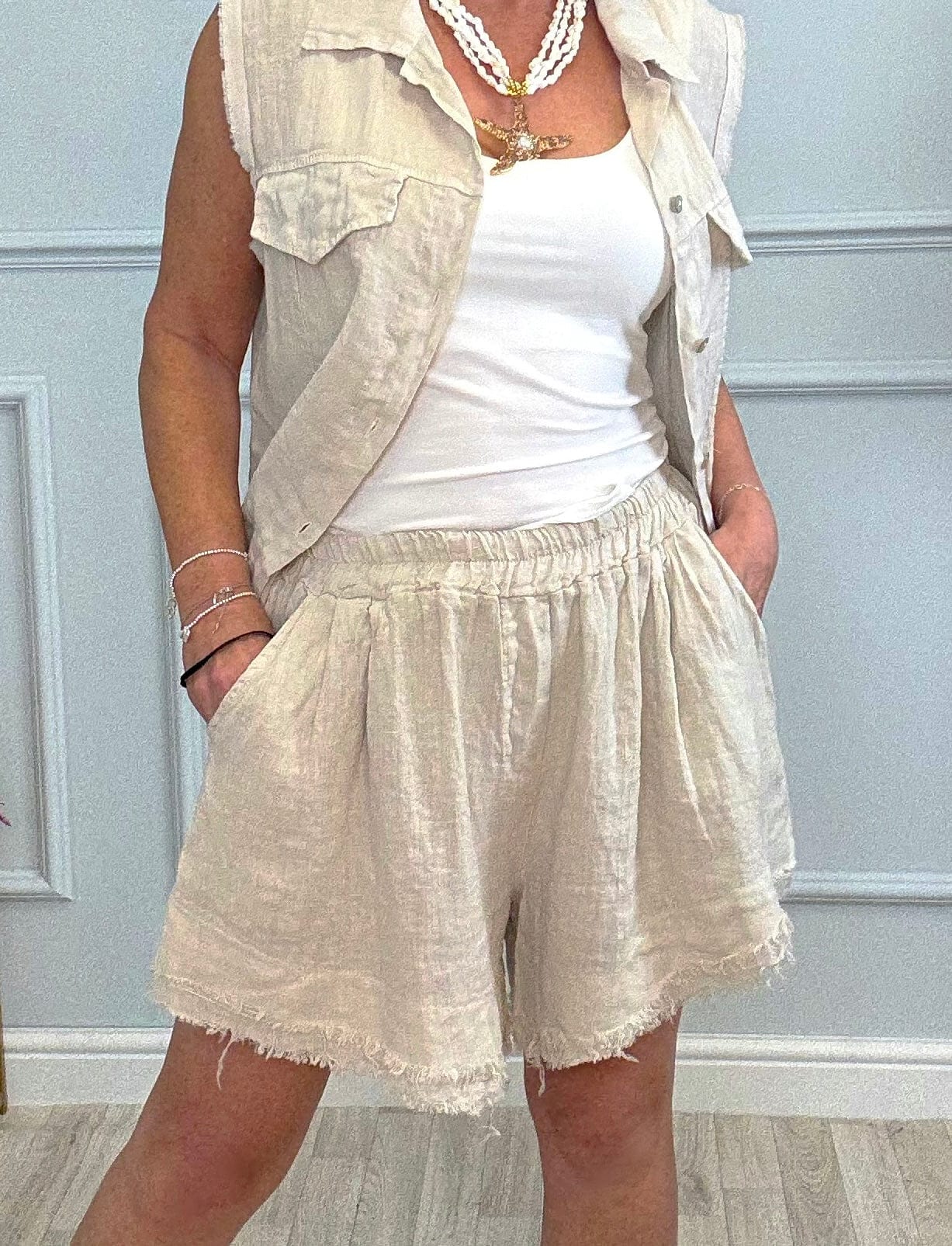Marnie Frayed Hem Linen Shorts with Pockets 10–18 Sand