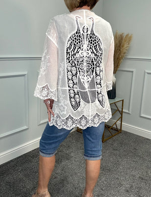 Karli Tie Front Crochet Kimono Jacket