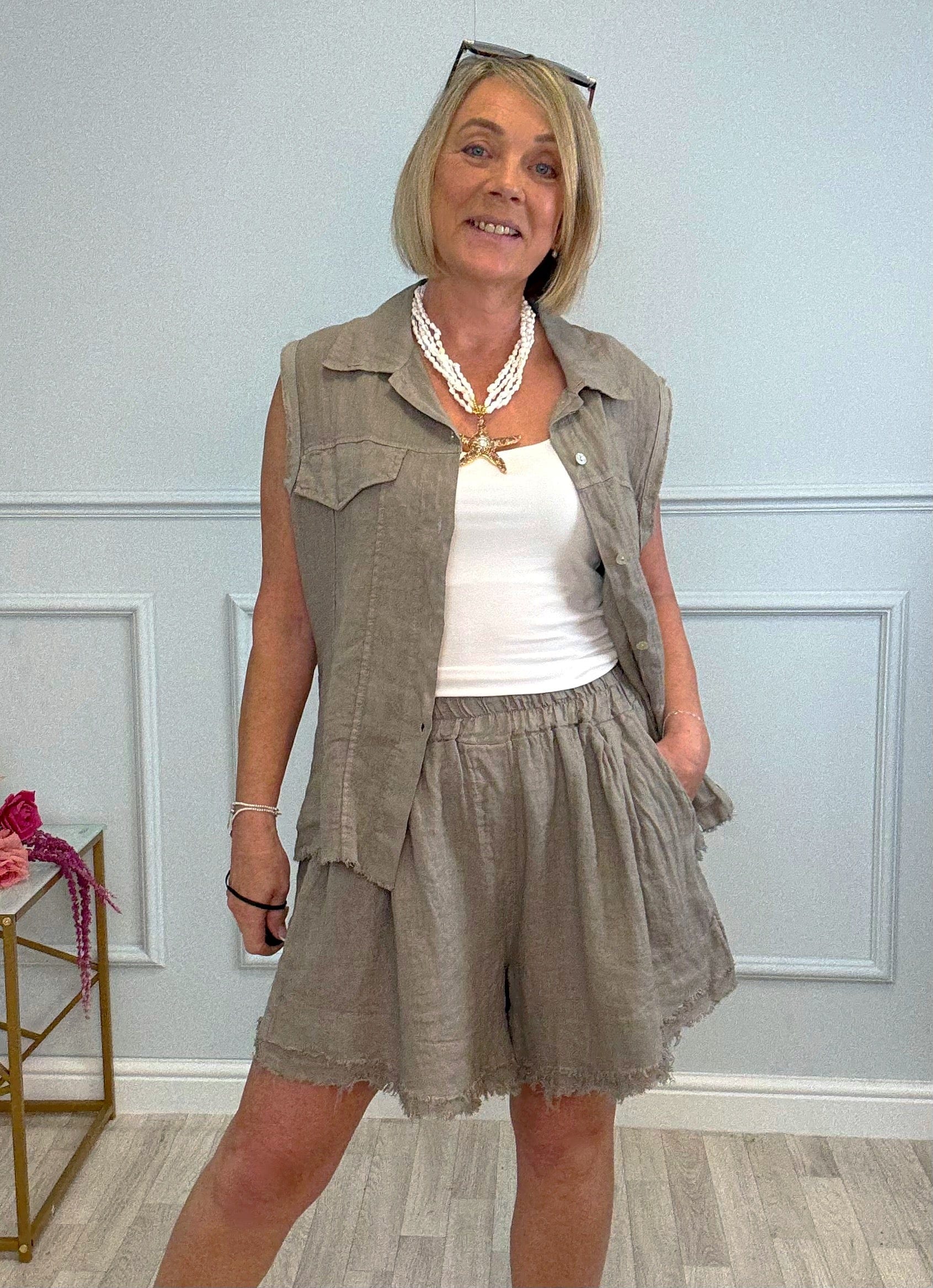 Marnie Frayed Hem Linen Shorts with Pockets 10–18 Mocha