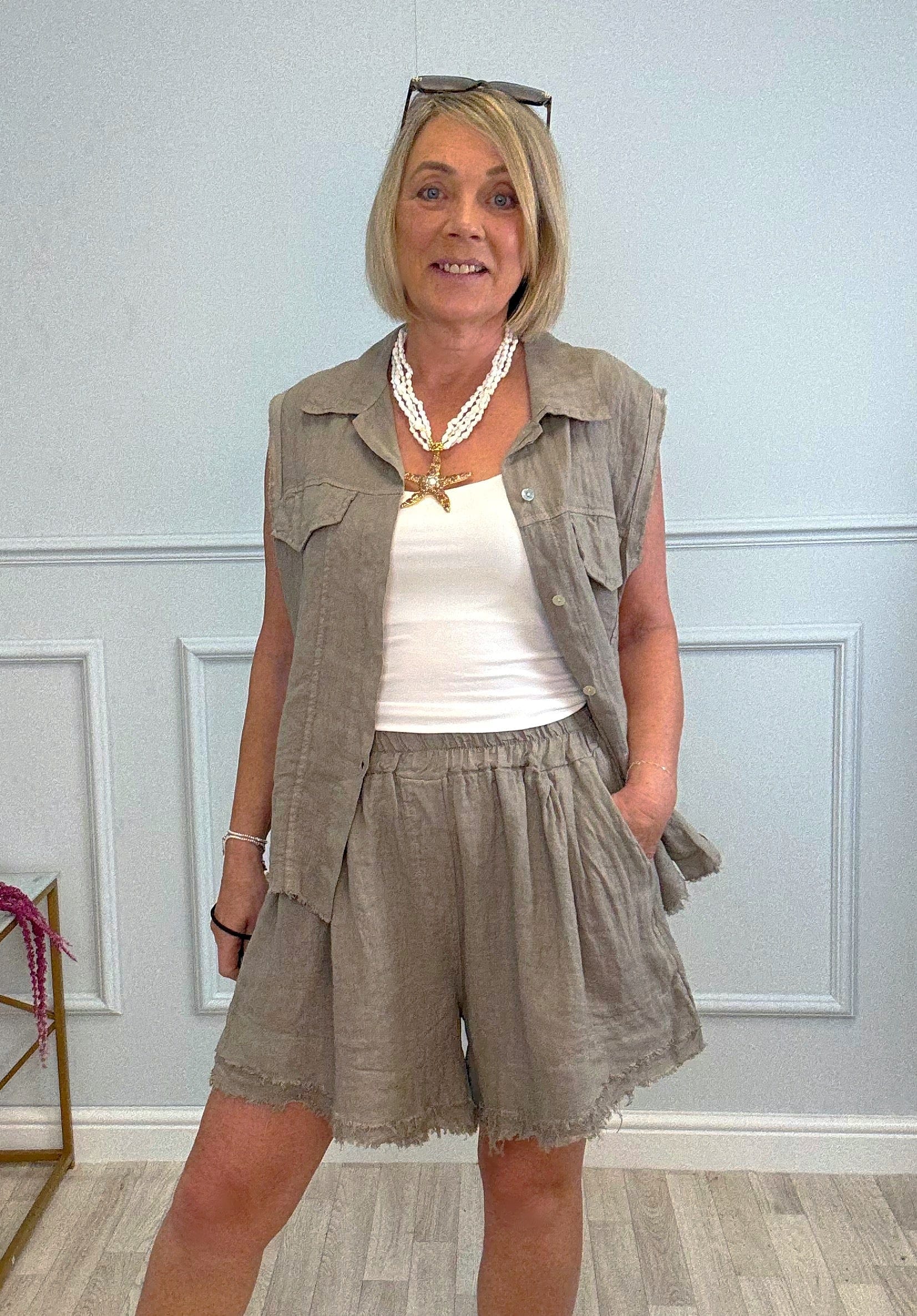 Marnie Frayed Hem Linen Shorts with Pockets 10–18 Mocha