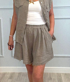 Marnie Frayed Hem Linen Shorts with Pockets 10–18 Mocha