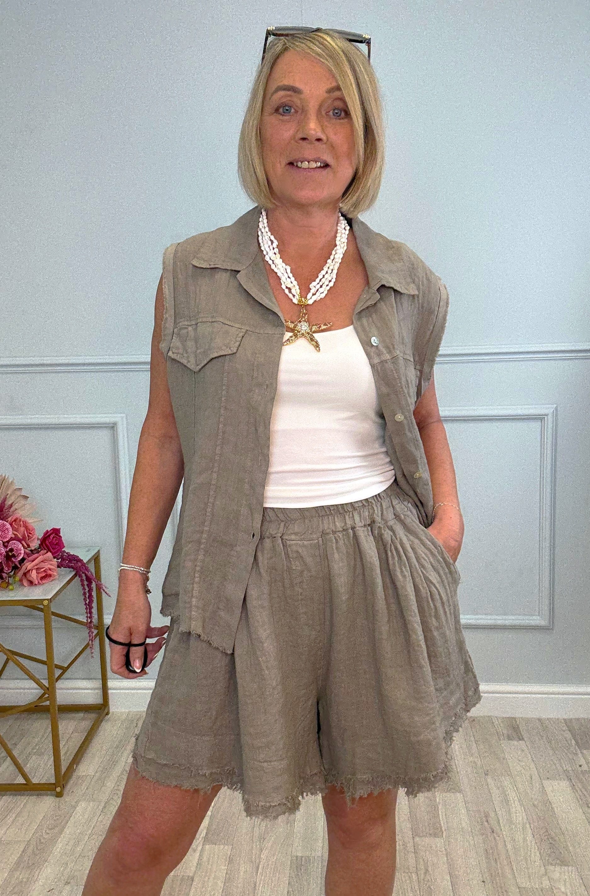 Marnie Frayed Hem Linen Shorts with Pockets 10–18 Mocha