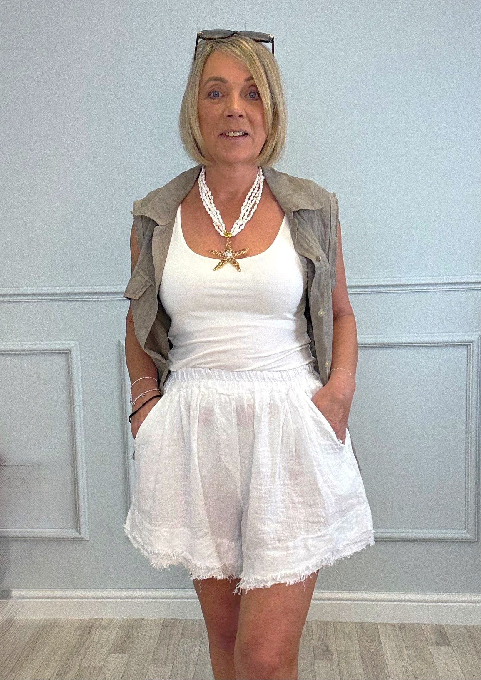 Marnie Frayed Hem Linen Shorts with Pockets 10–18 White