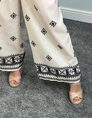 Danica Boho Border Print Wide Leg Trousers 8-16 White - Susie's Boutique