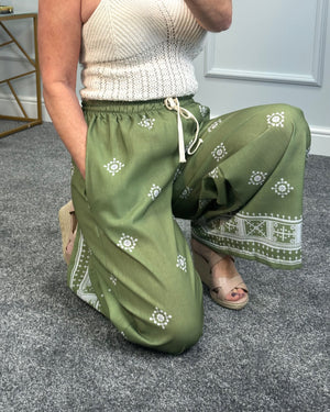 Danica Boho Border Print Wide Leg Trousers 8-16 Green - Susie's Boutique