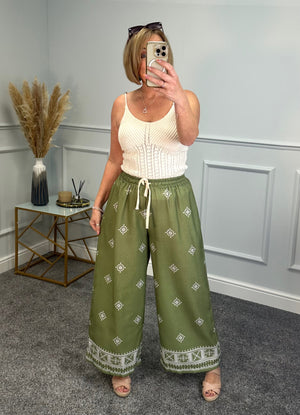 Danica Boho Border Print Wide Leg Trousers 8-16 Green - Susie's Boutique