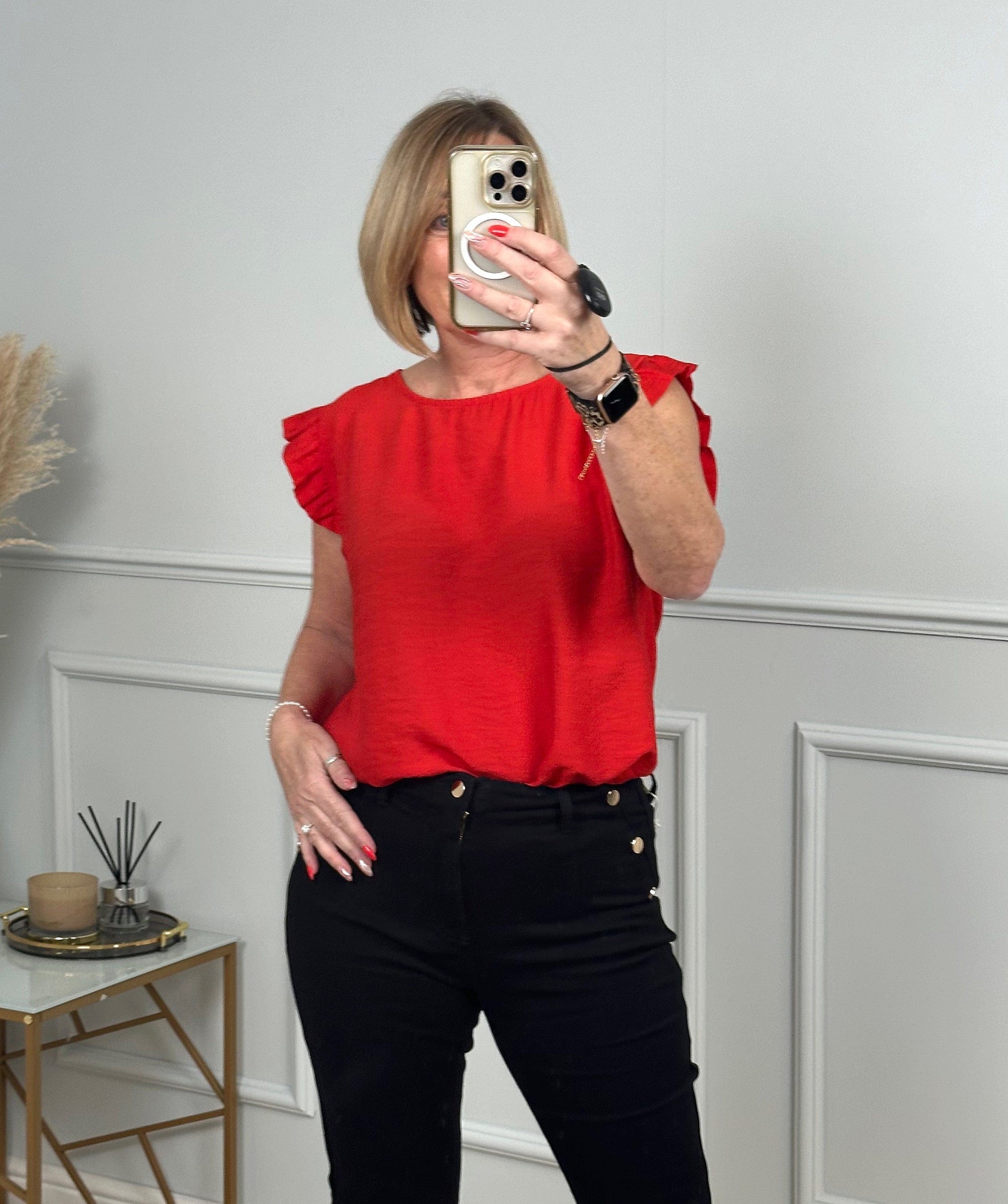 Grace Frill Sleeve Button Back Top 8-16 Red - Susie's Boutique