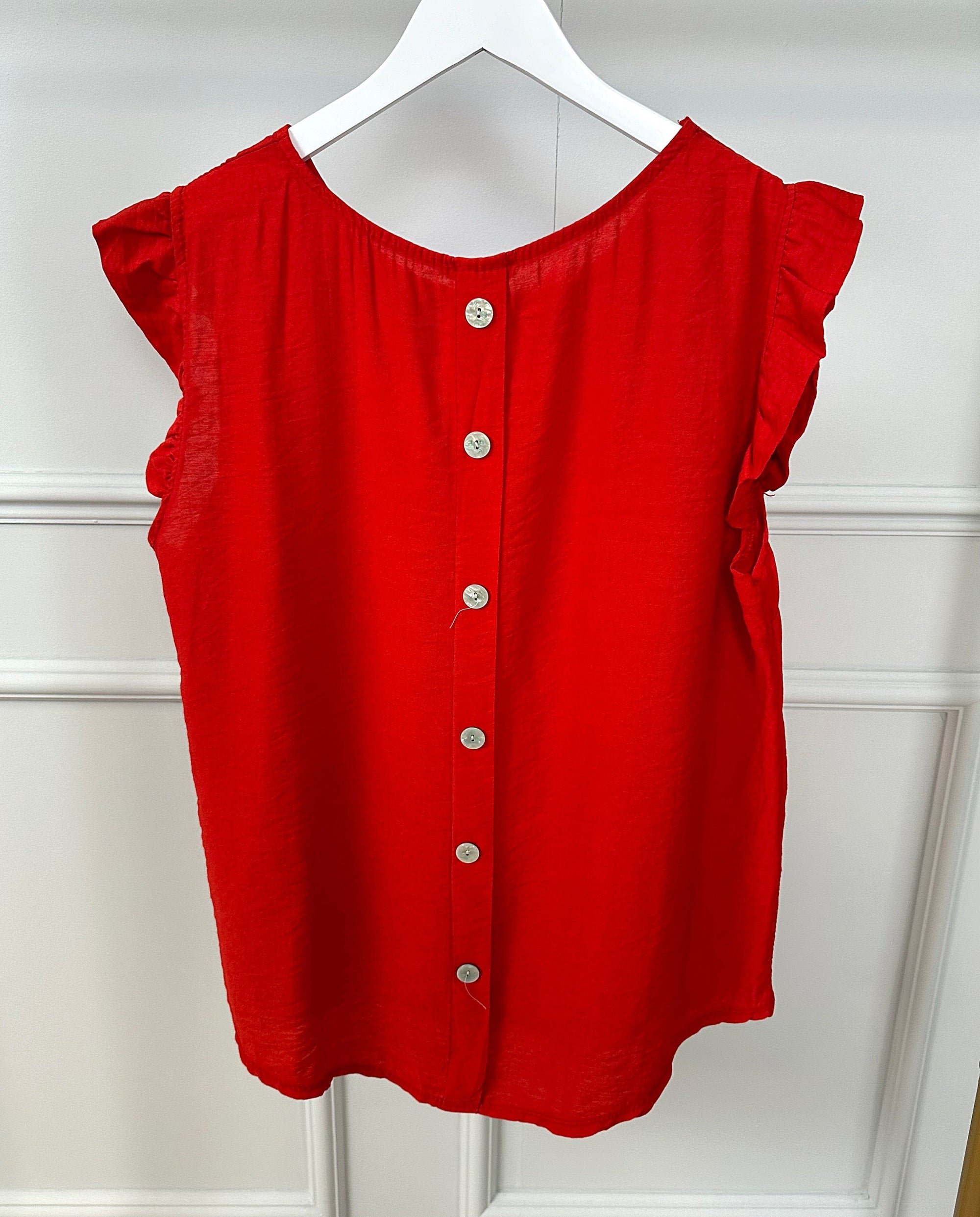 Grace Frill Sleeve Button Back Top 8-16 Red - Susie's Boutique