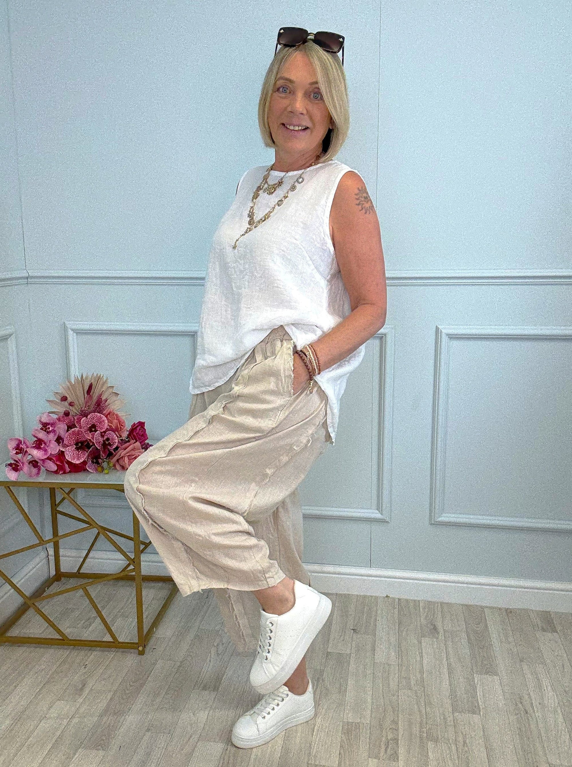 Zaya Raw Seam Textured Cocoon Trousers 8-18 Sand