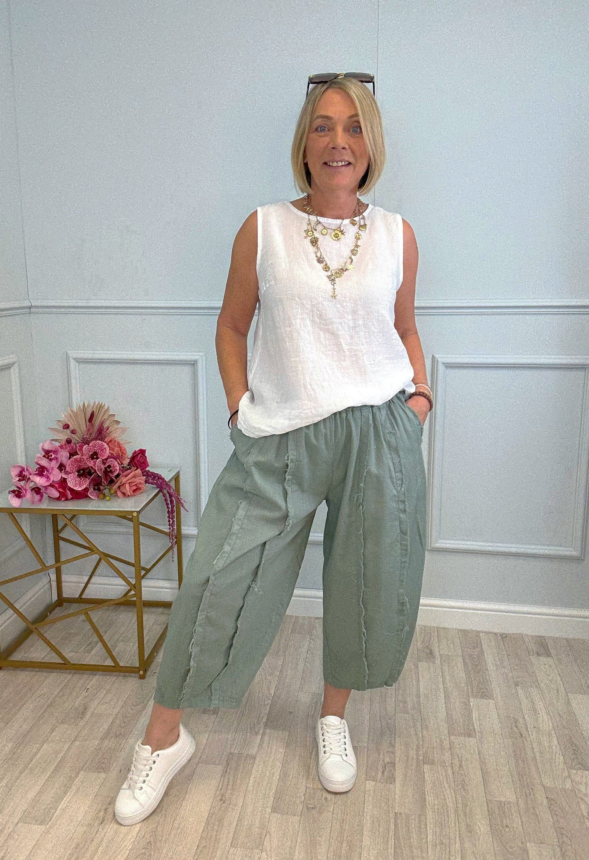 Zaya Raw Seam Textured Cocoon Trousers 8-18 Khaki