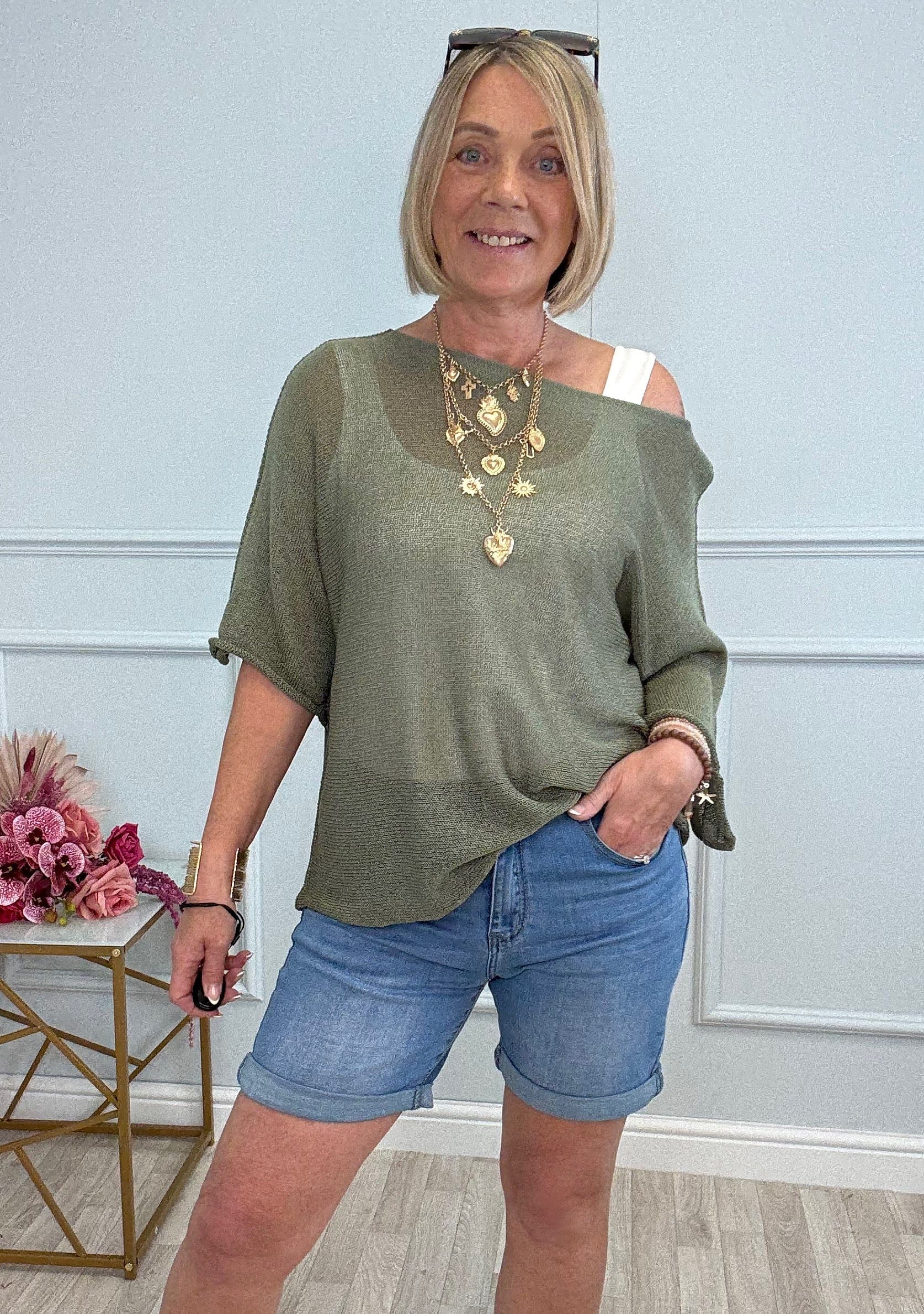 Tia Lightweight Sheer Knit Top 8-20 Khaki