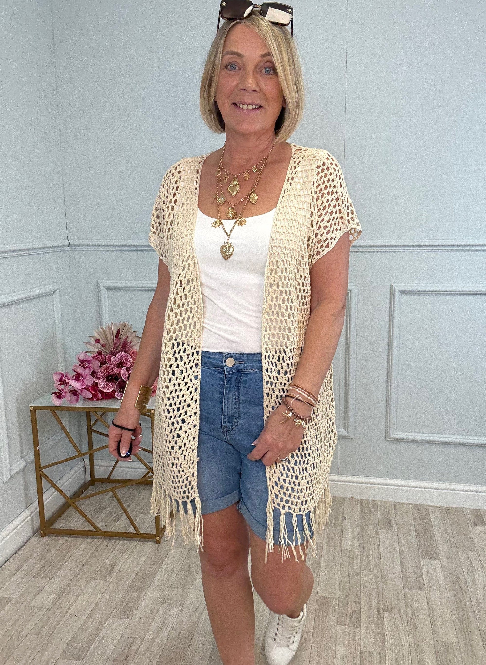 Soleia Crochet Tassel Fringe Back Cardigan