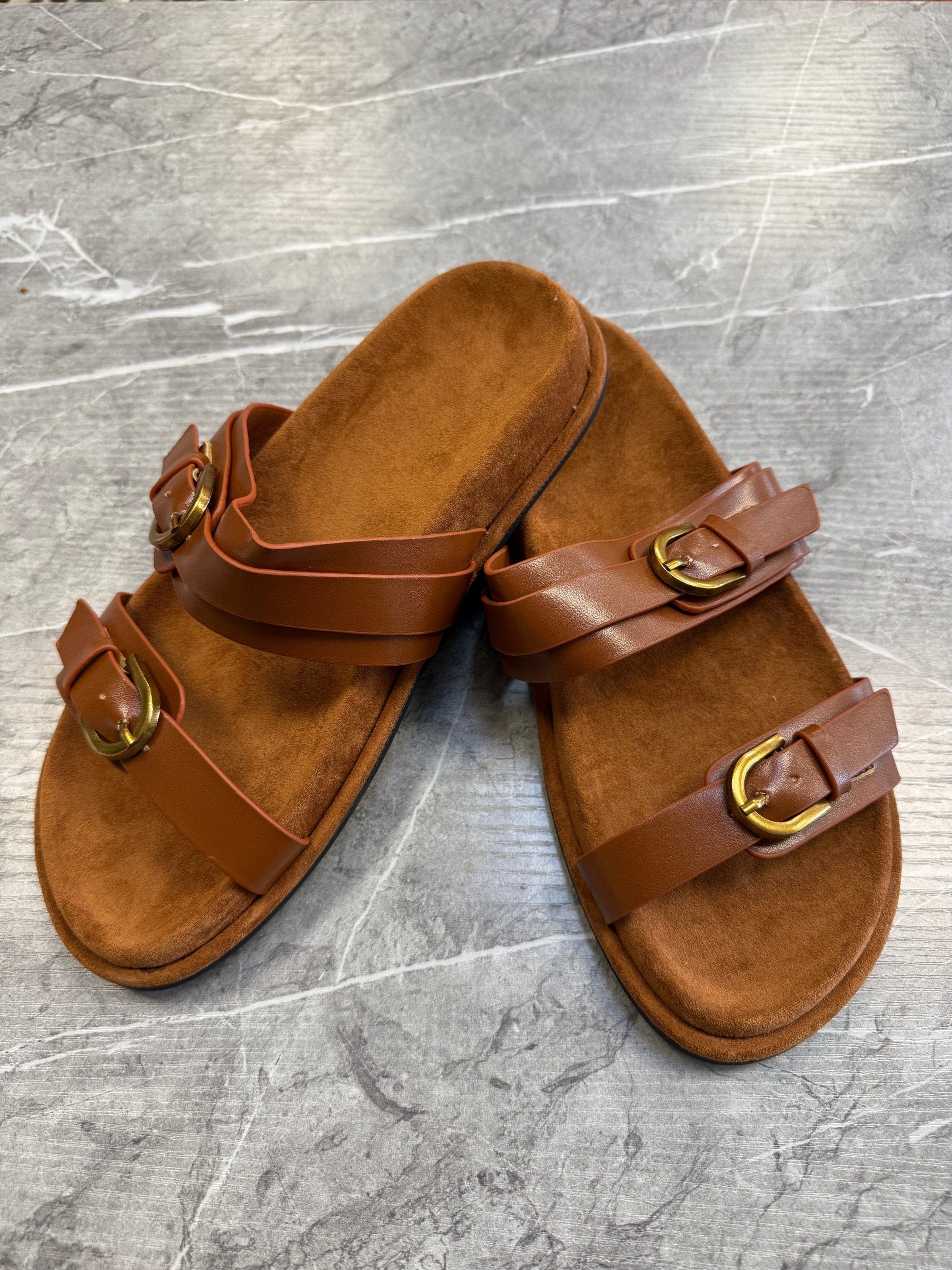 Lysandra Double Buckle Faux Leather Sliders Tan