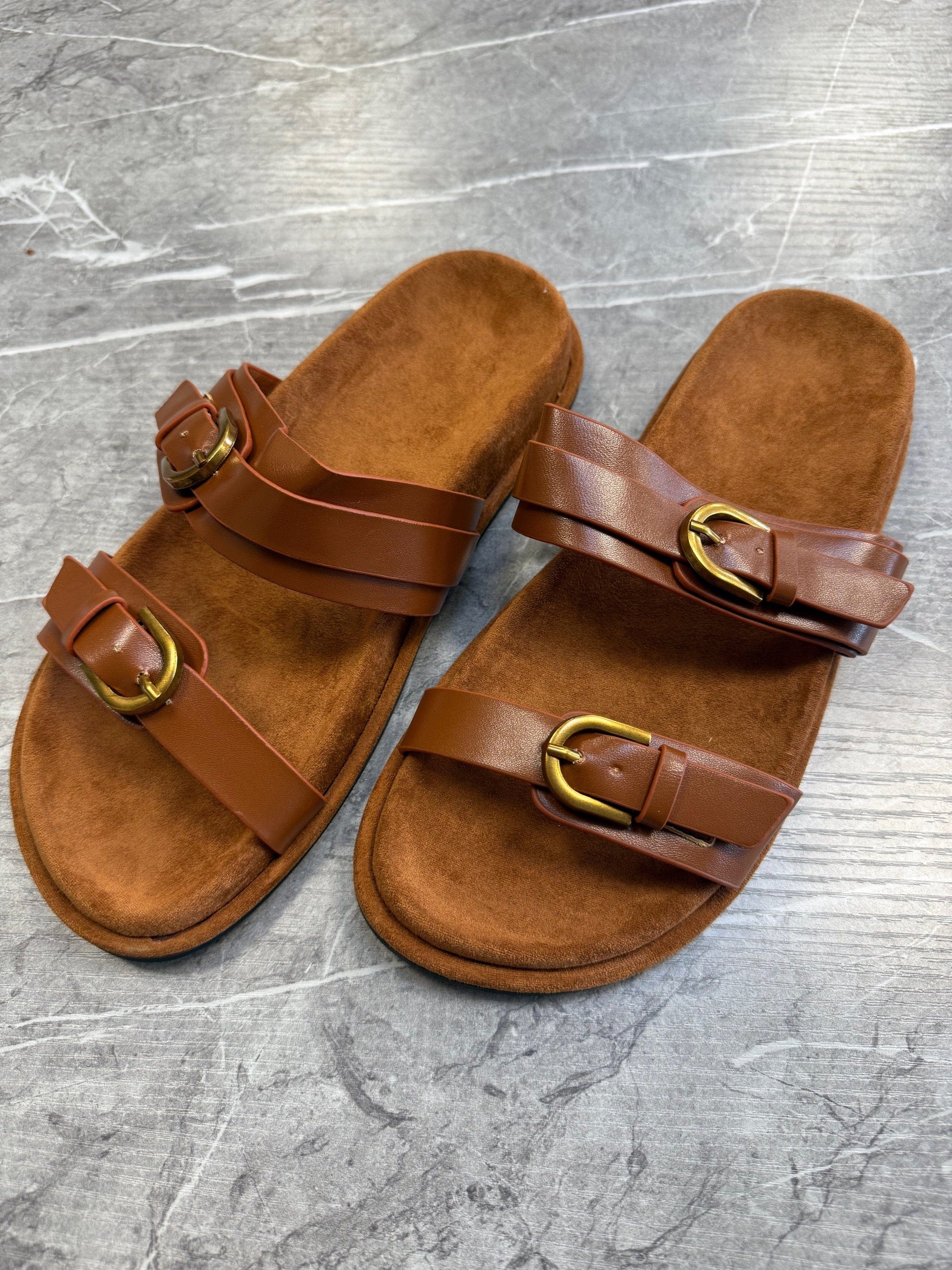 Lysandra Double Buckle Faux Leather Sliders Tan