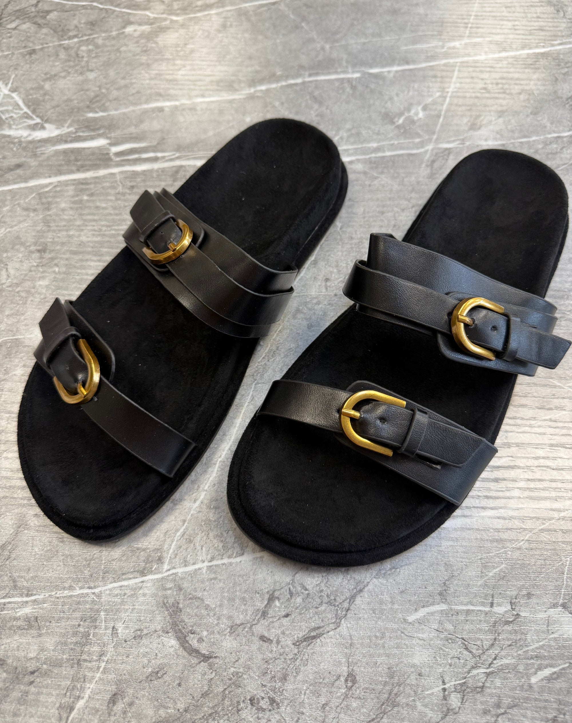 Lysandra Double Buckle Faux Leather Sliders Black