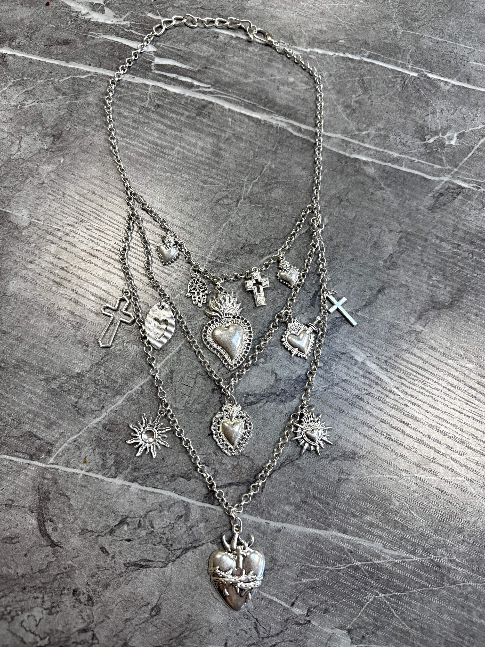 Heart & Charm Layered Necklace – Crosses & Suns Silver