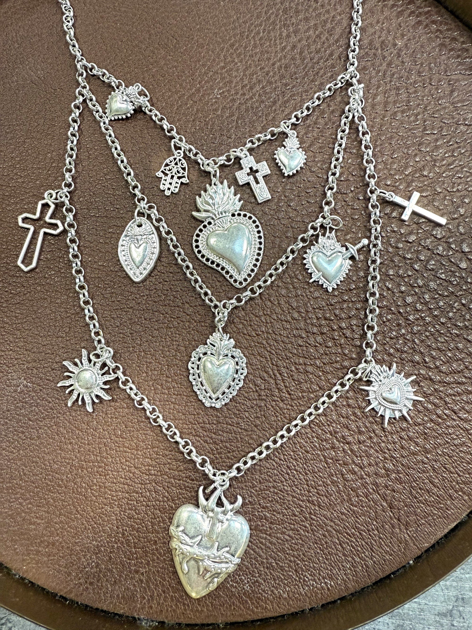 Heart & Charm Layered Necklace – Crosses & Suns Silver