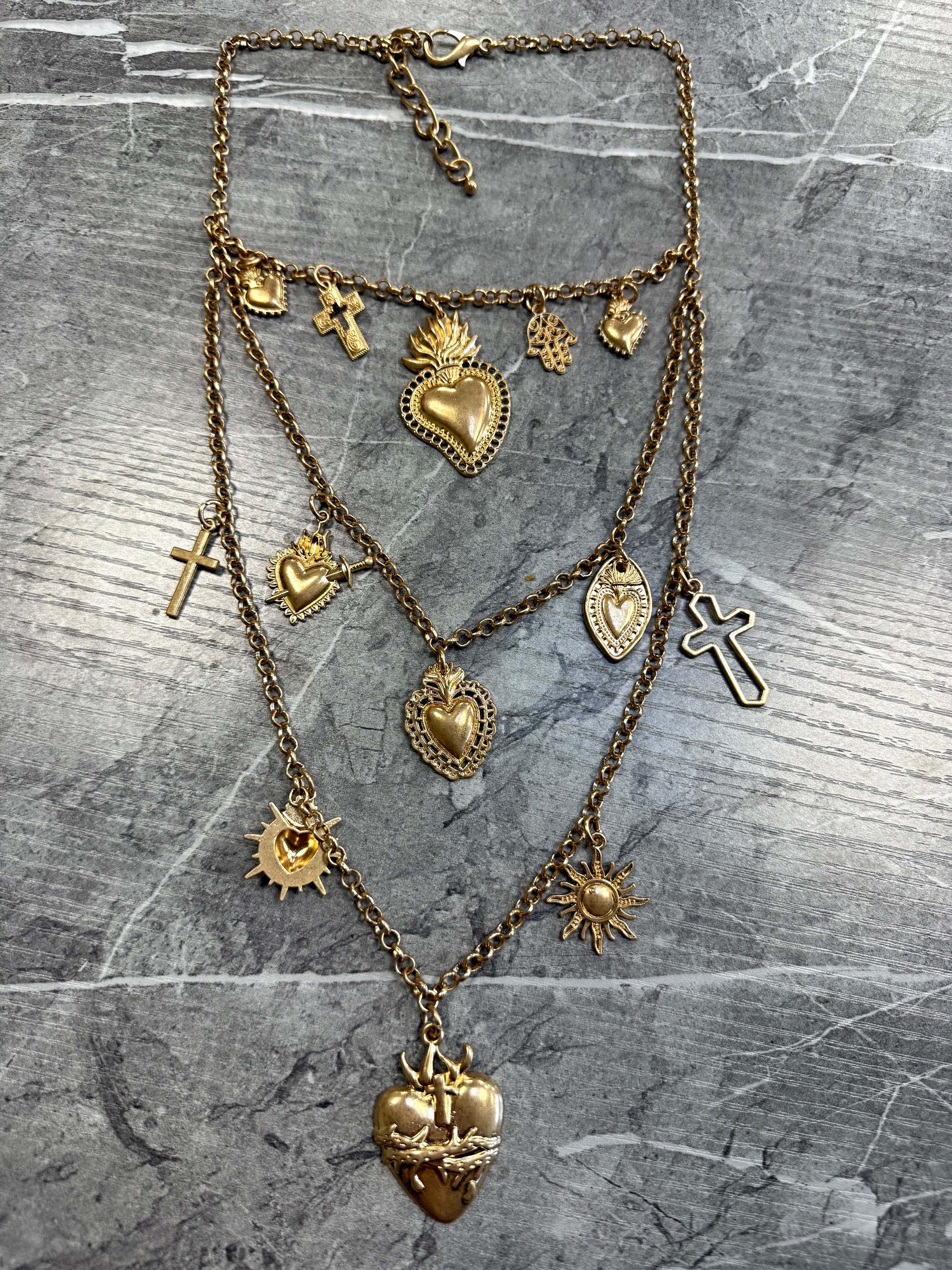 Heart & Charm Layered Necklace – Crosses & Suns Gold
