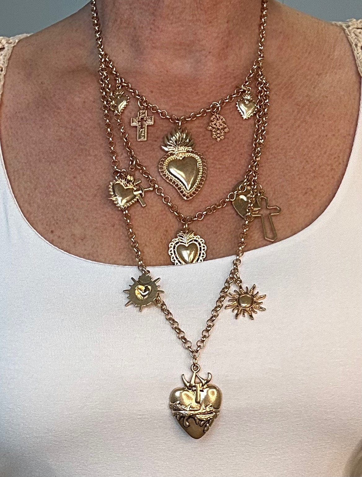 Heart & Charm Layered Necklace – Crosses & Suns Gold