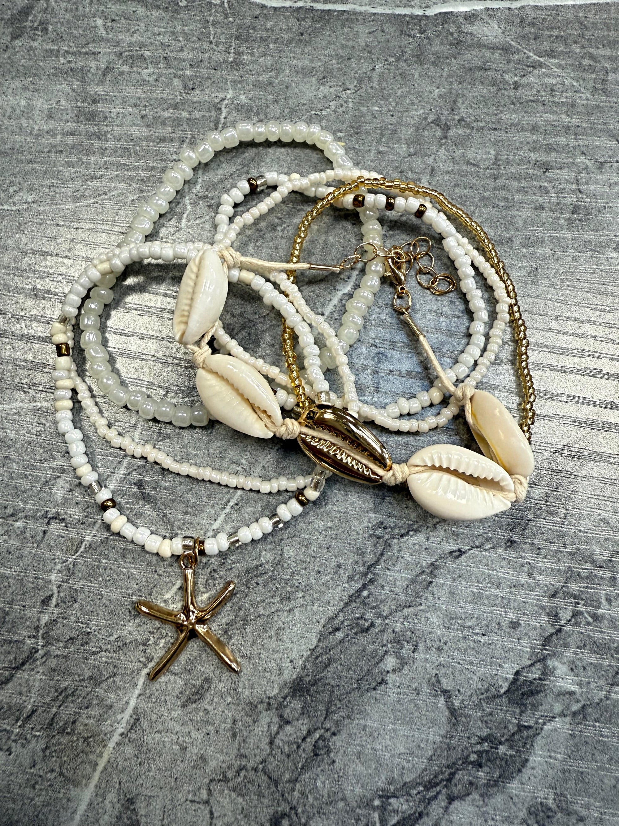 Seashell Beaded Charm Bracelet Stack White