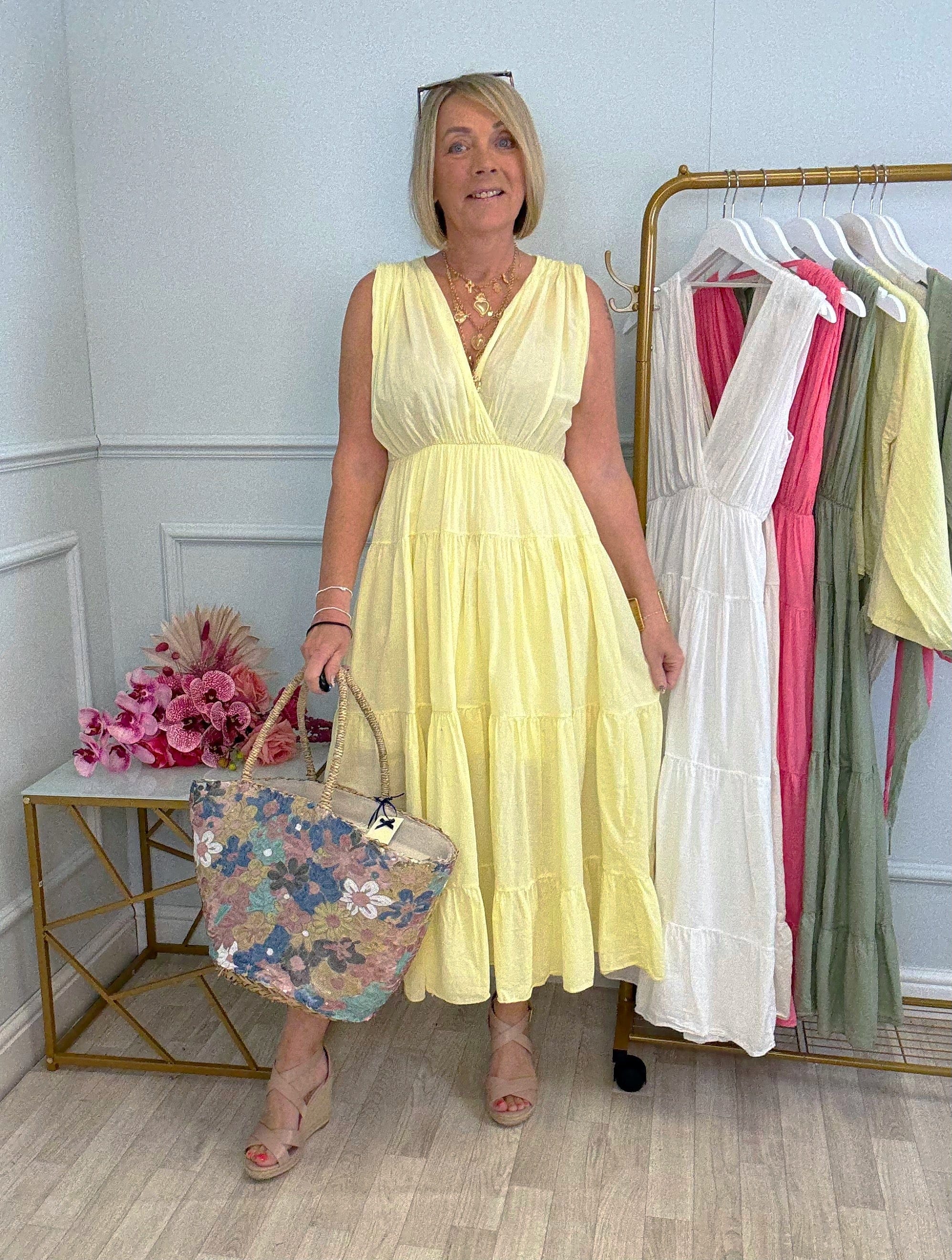 Calla Tiered Cotton Midi  Dress 8–18 Lemon