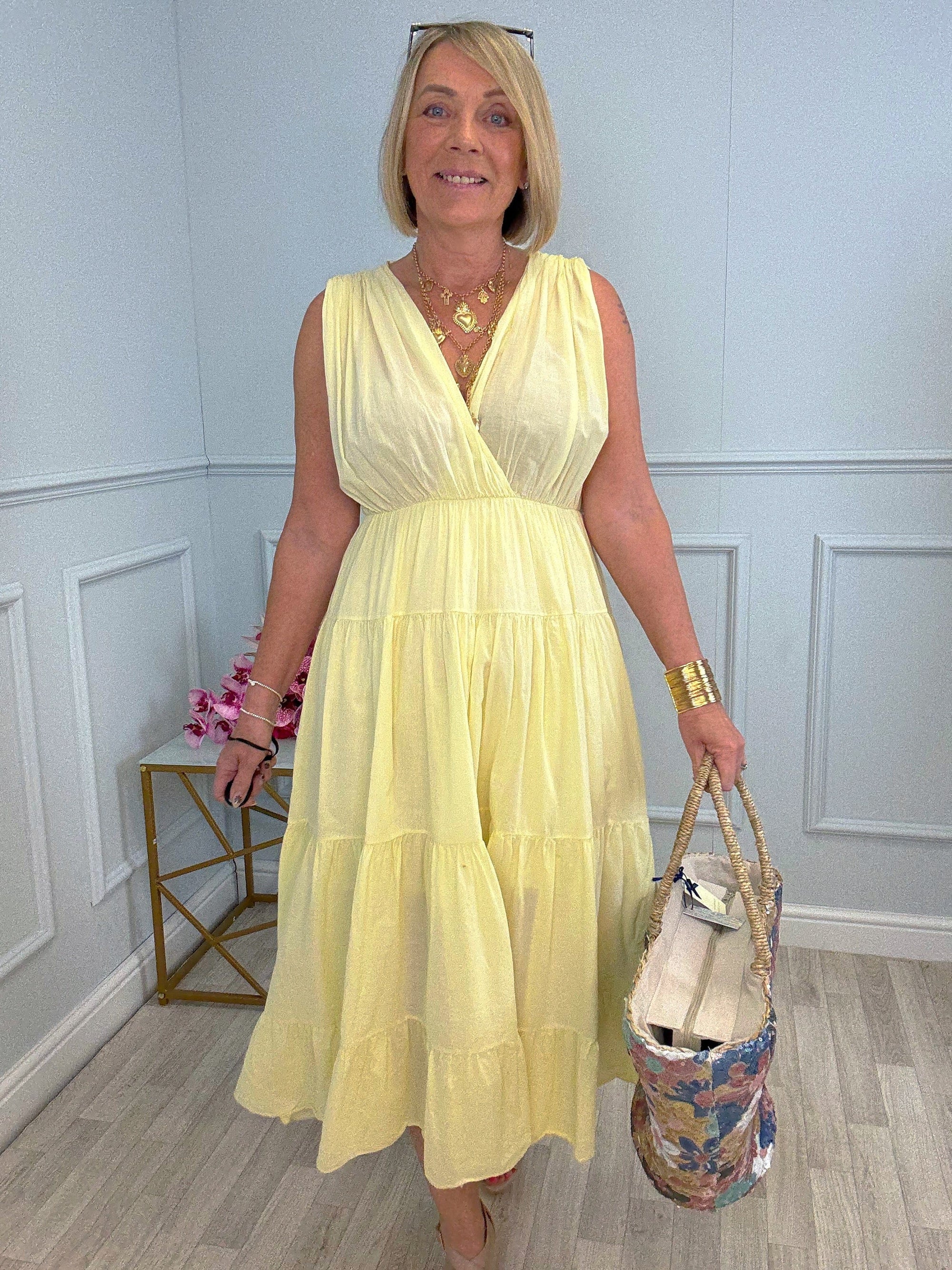 Calla Tiered Cotton Midi  Dress 8–18 Lemon