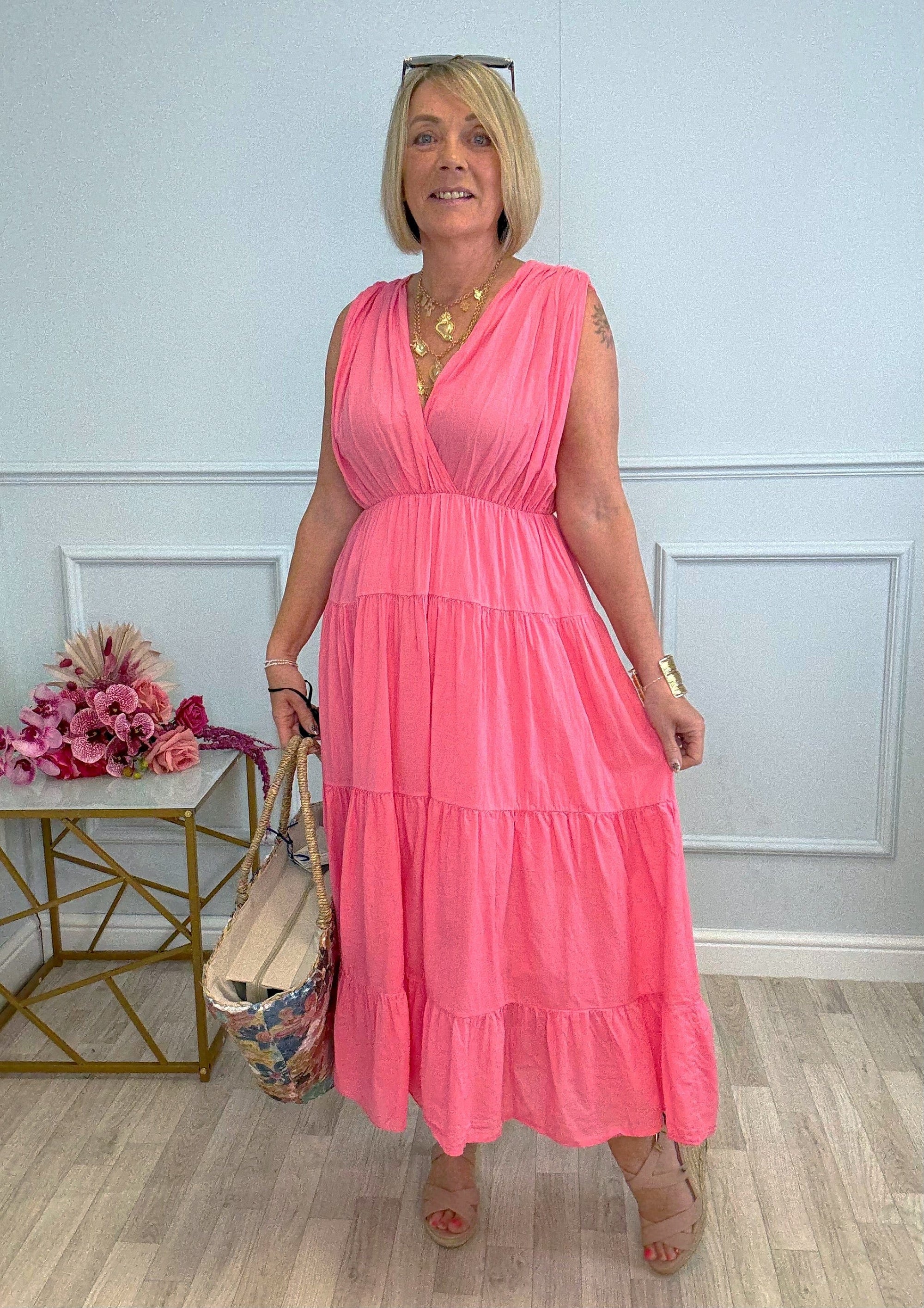 Calla Tiered Cotton Midi Dress 8–18 Pink