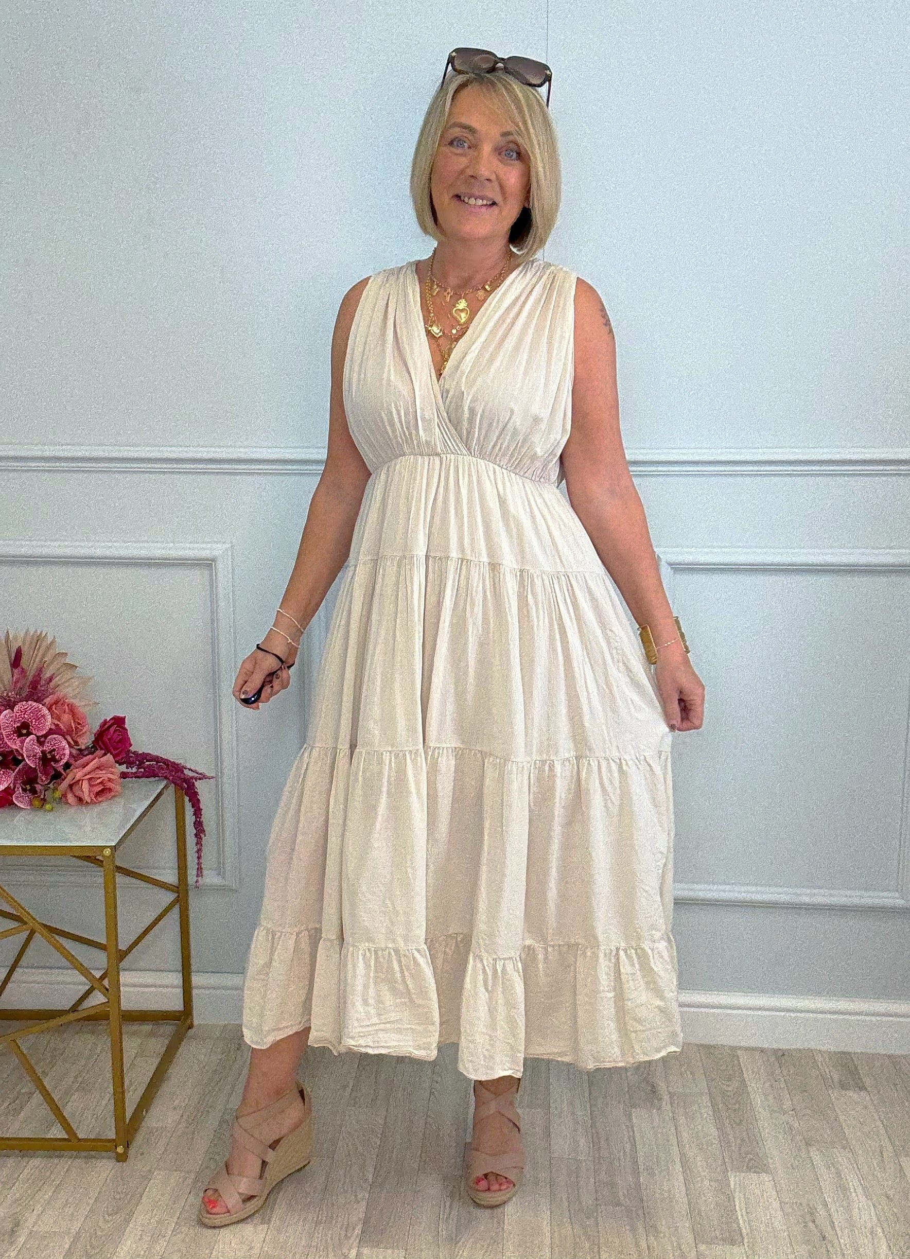 Calla Tiered Cotton Midi  Dress 8–18 Sand