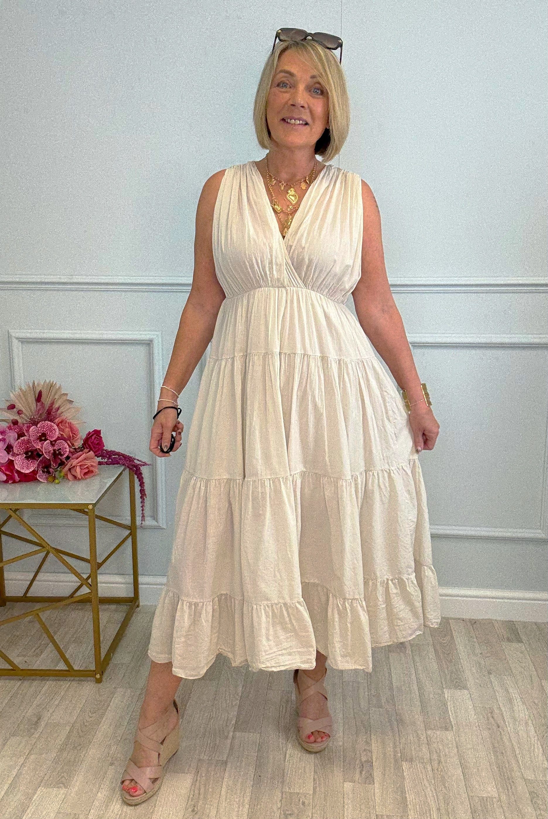 Calla Tiered Cotton Midi  Dress 8–18 Sand