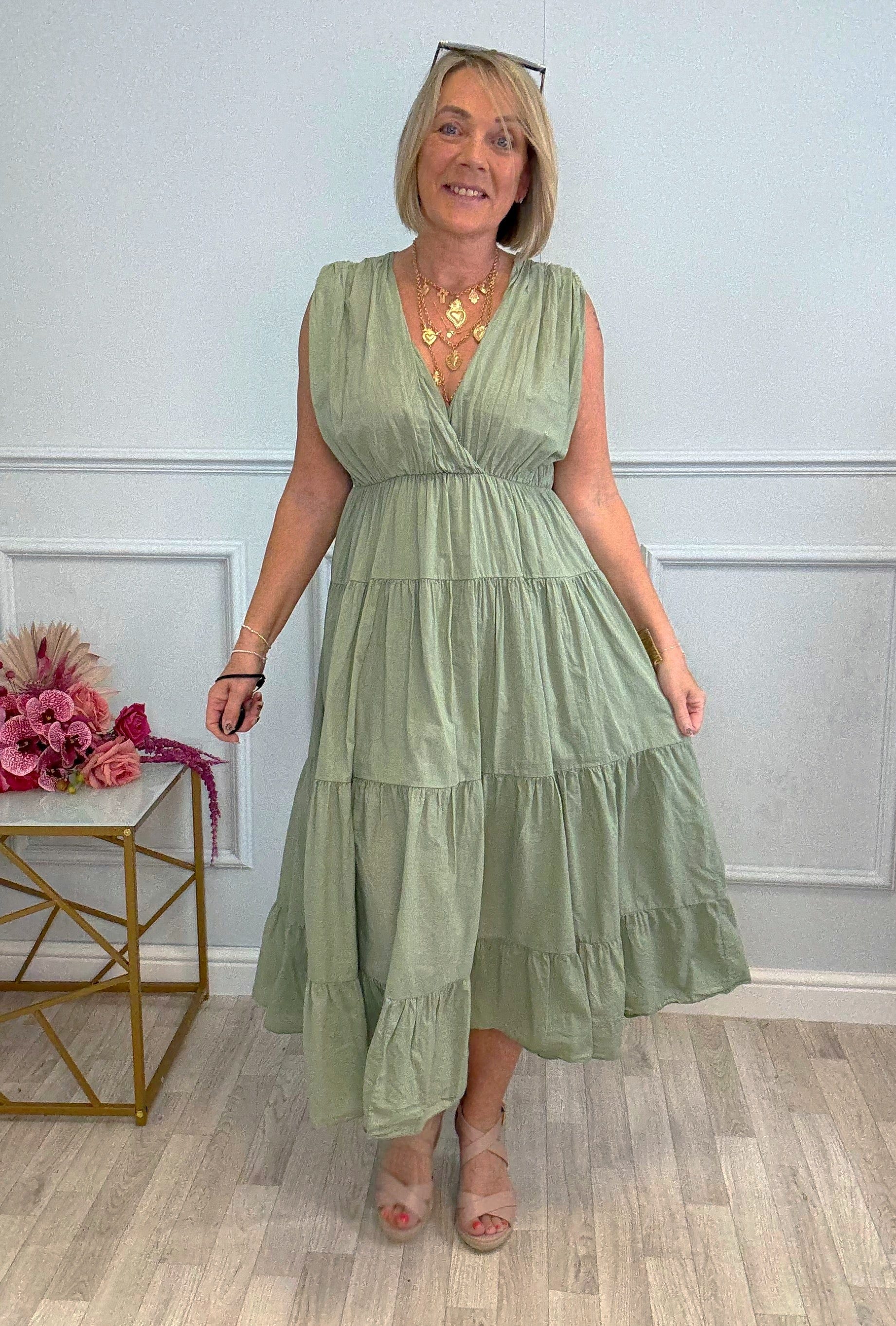 Calla Tiered Cotton Midi  Dress 8–18 Khaki