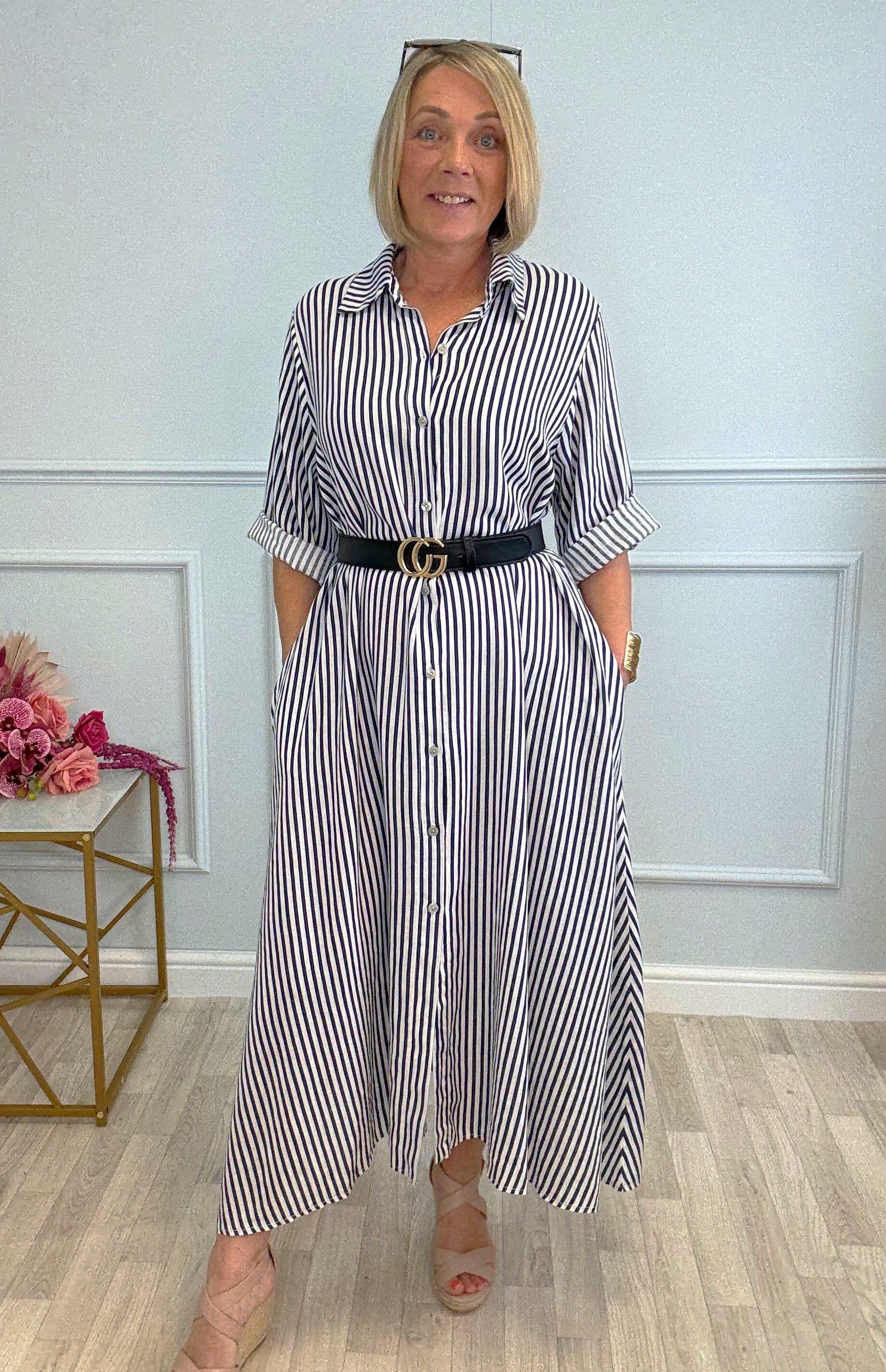 Arden Stripe Linen Shirt Dress 10-20 Navy