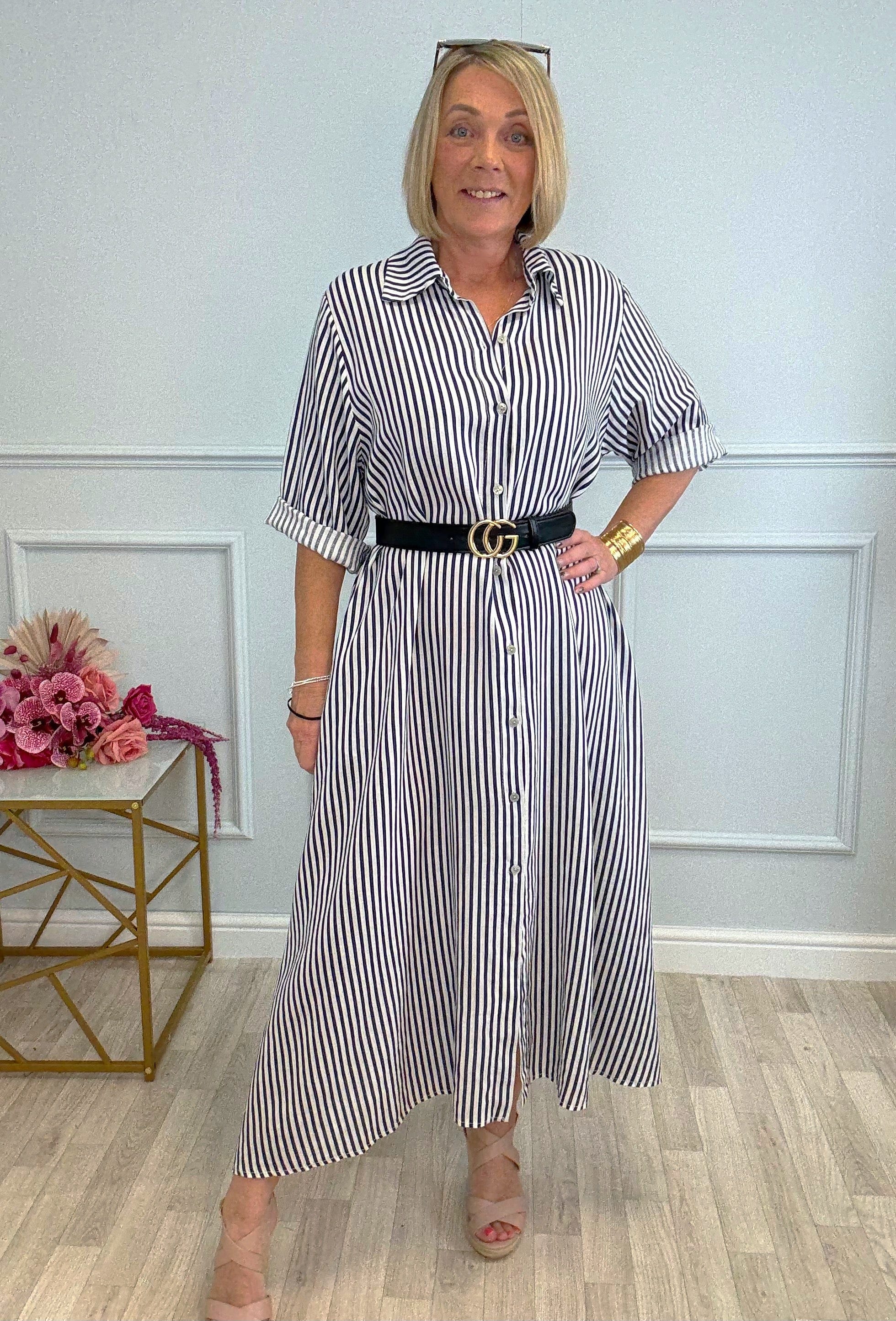 Arden Stripe Linen Shirt Dress 10-20 Navy