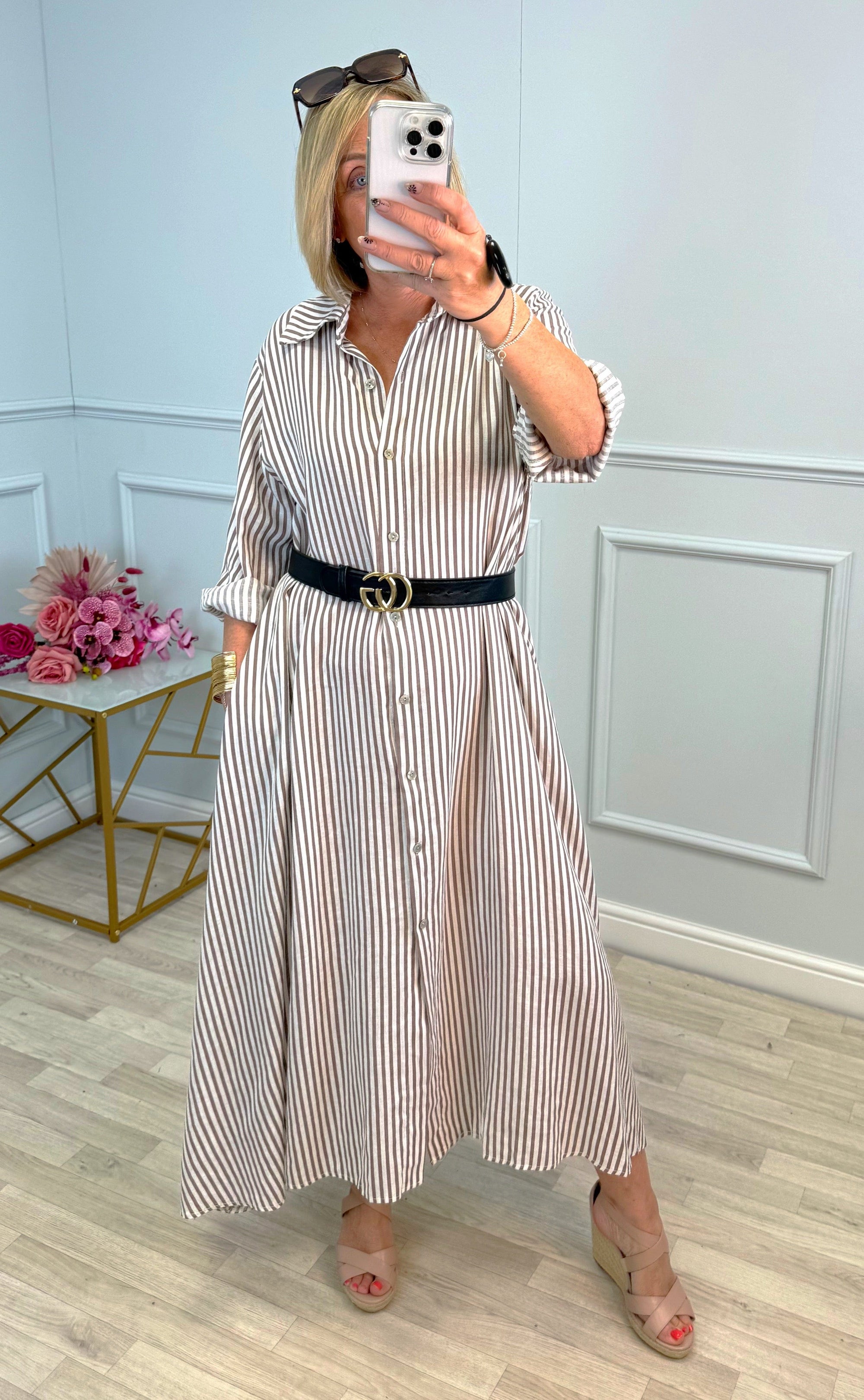 Arden Stripe Linen Shirt Dress 10-20 Mocha