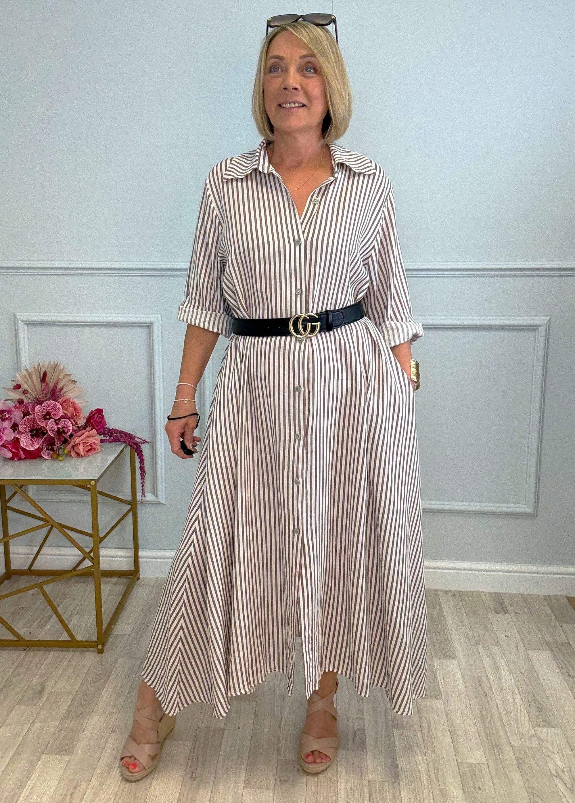 Arden Stripe Linen Shirt Dress 10-20 Mocha