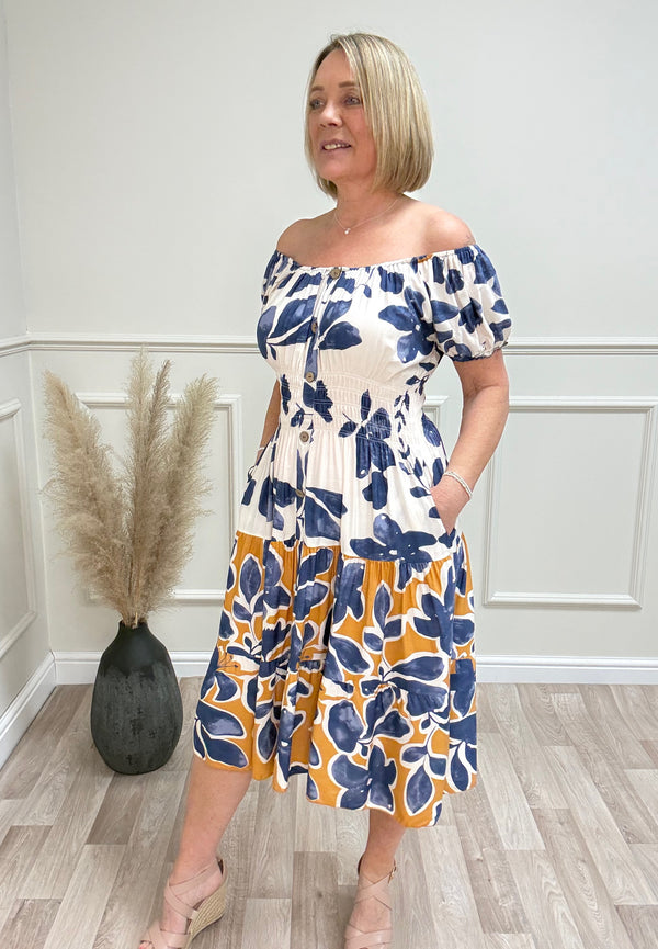 Amy Border Floral Print Magic Bardot Midi Dress 8-18