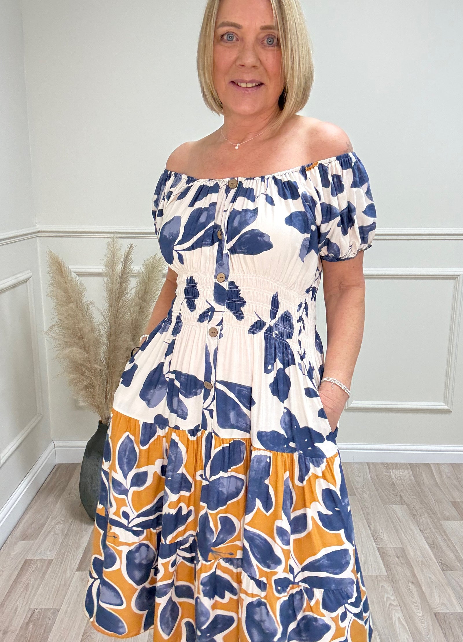 Amy Border Floral Print Magic Bardot Midi Dress 8-18