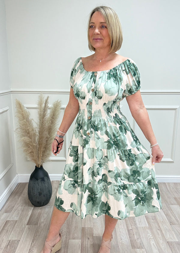 Ella Watercolour Floral Print Magic Bardot Midi Dress 8-18