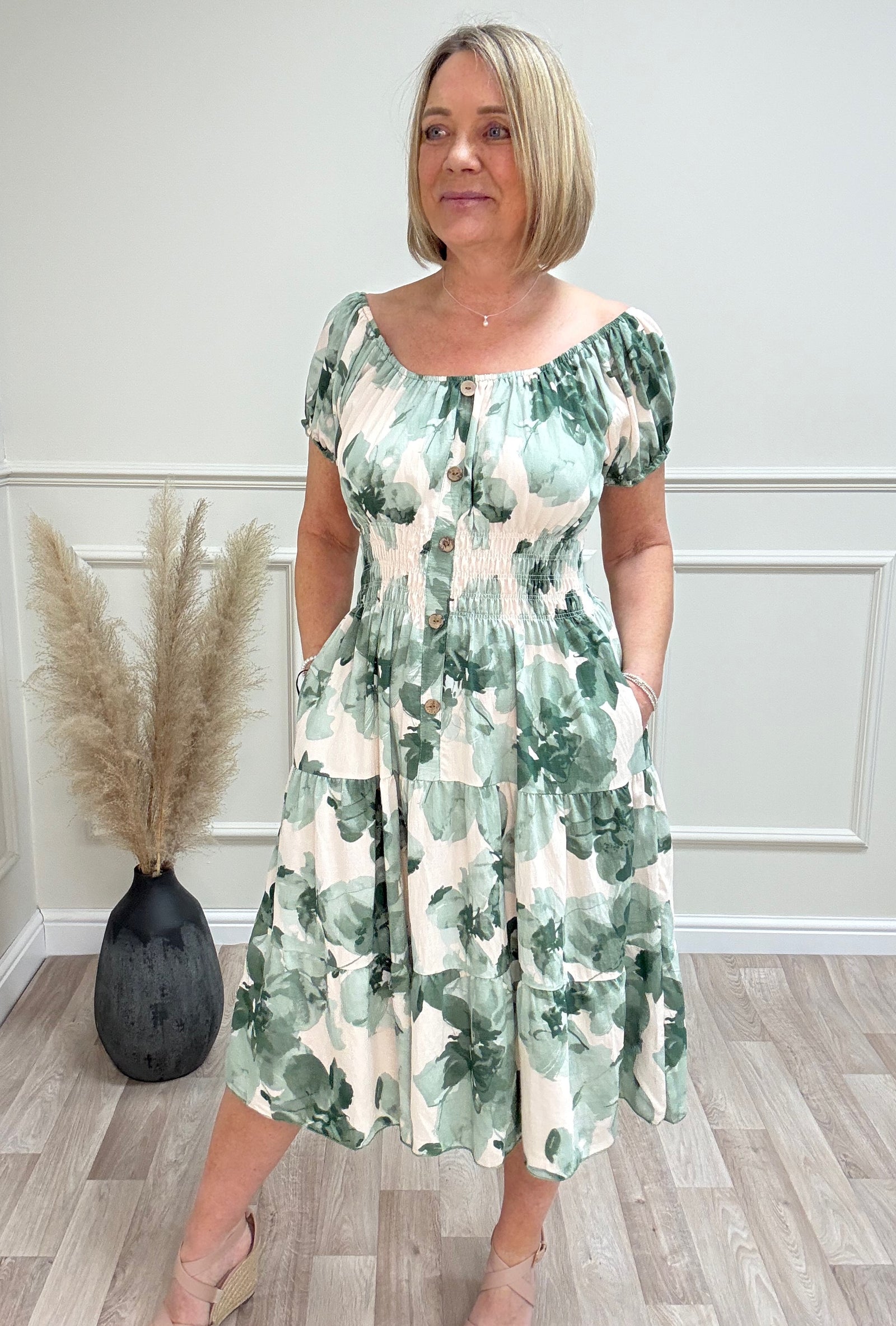 Ella Watercolour Floral Print Magic Bardot Midi Dress 8-18