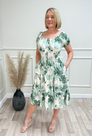 Ella Watercolour Floral Print Magic Bardot Midi Dress 8-18