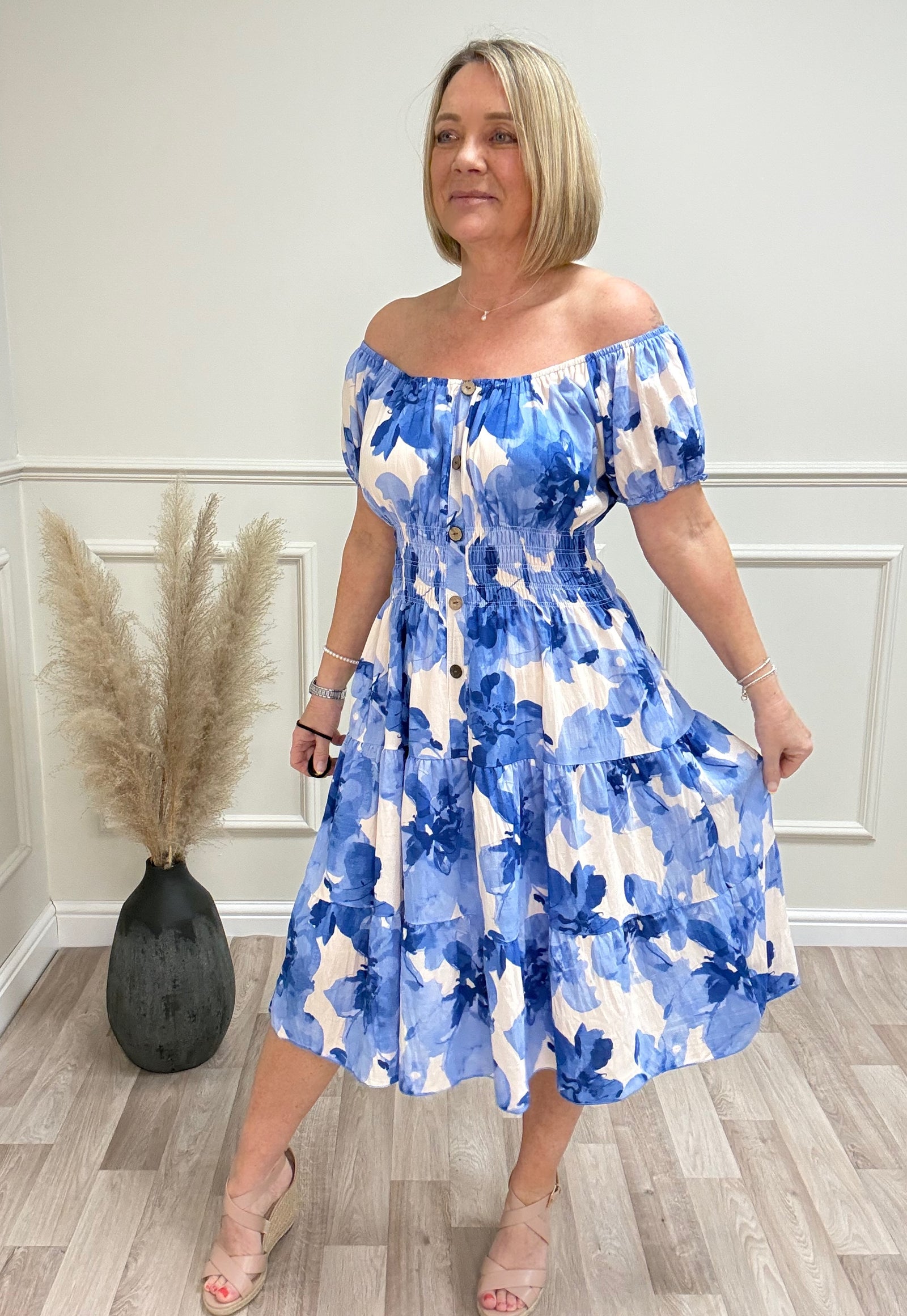 Ella Watercolour Floral Print Magic Bardot Midi Dress 8-18