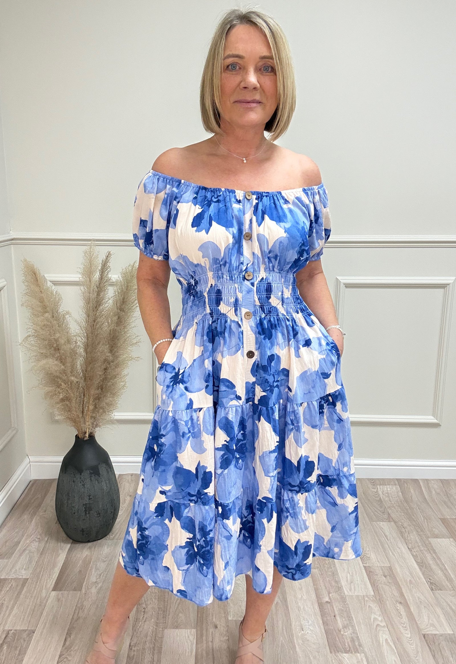 Ella Watercolour Floral Print Magic Bardot Midi Dress 8-18