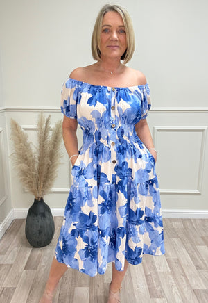 Ella Watercolour Floral Print Magic Bardot Midi Dress 8-18