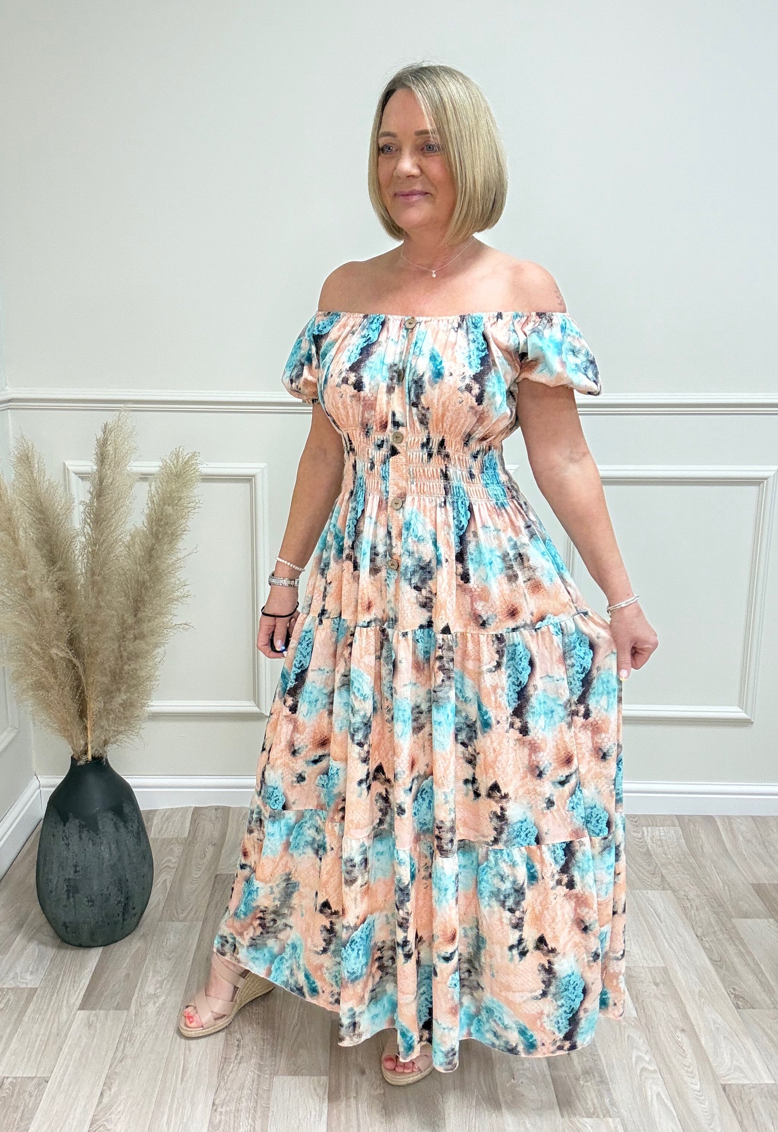 Valery Water Colour Print Magic Bardot Maxi Dress 8-18