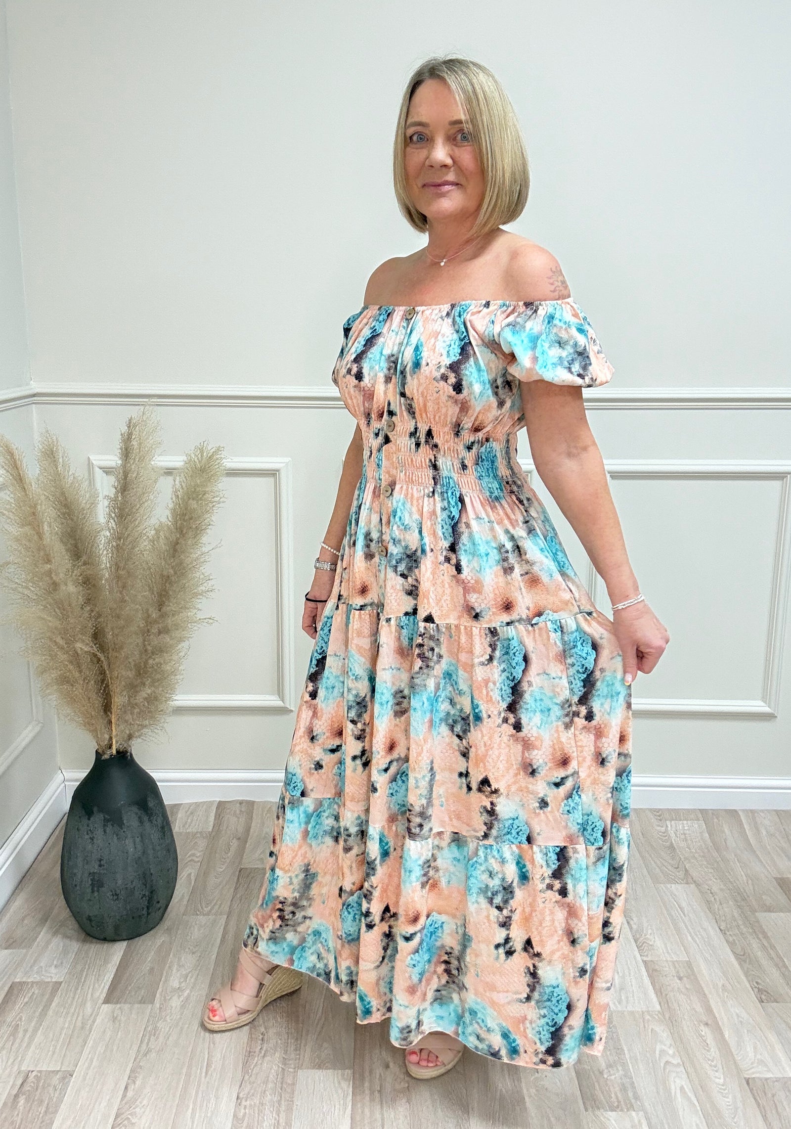 Valery Water Colour Print Magic Bardot Maxi Dress 8-18